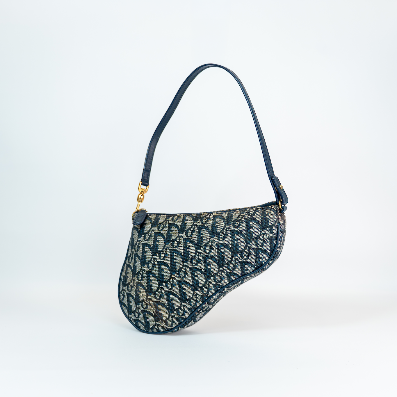 Early 2000s Dior Trotter Canvas Saddle Bag — Navy & Cream, Gold Hardware, Original Dustbag, John Galliano Era