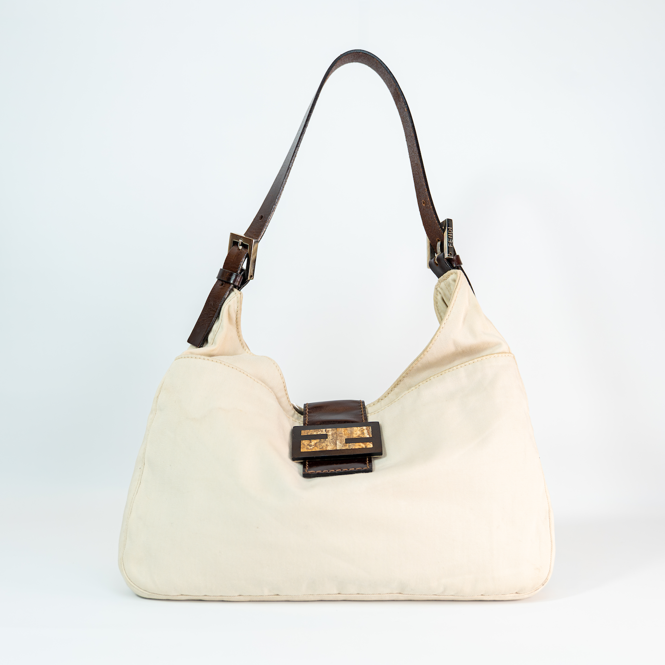 Zucca Canvas Baguette — Cream, Brown Leather Trim