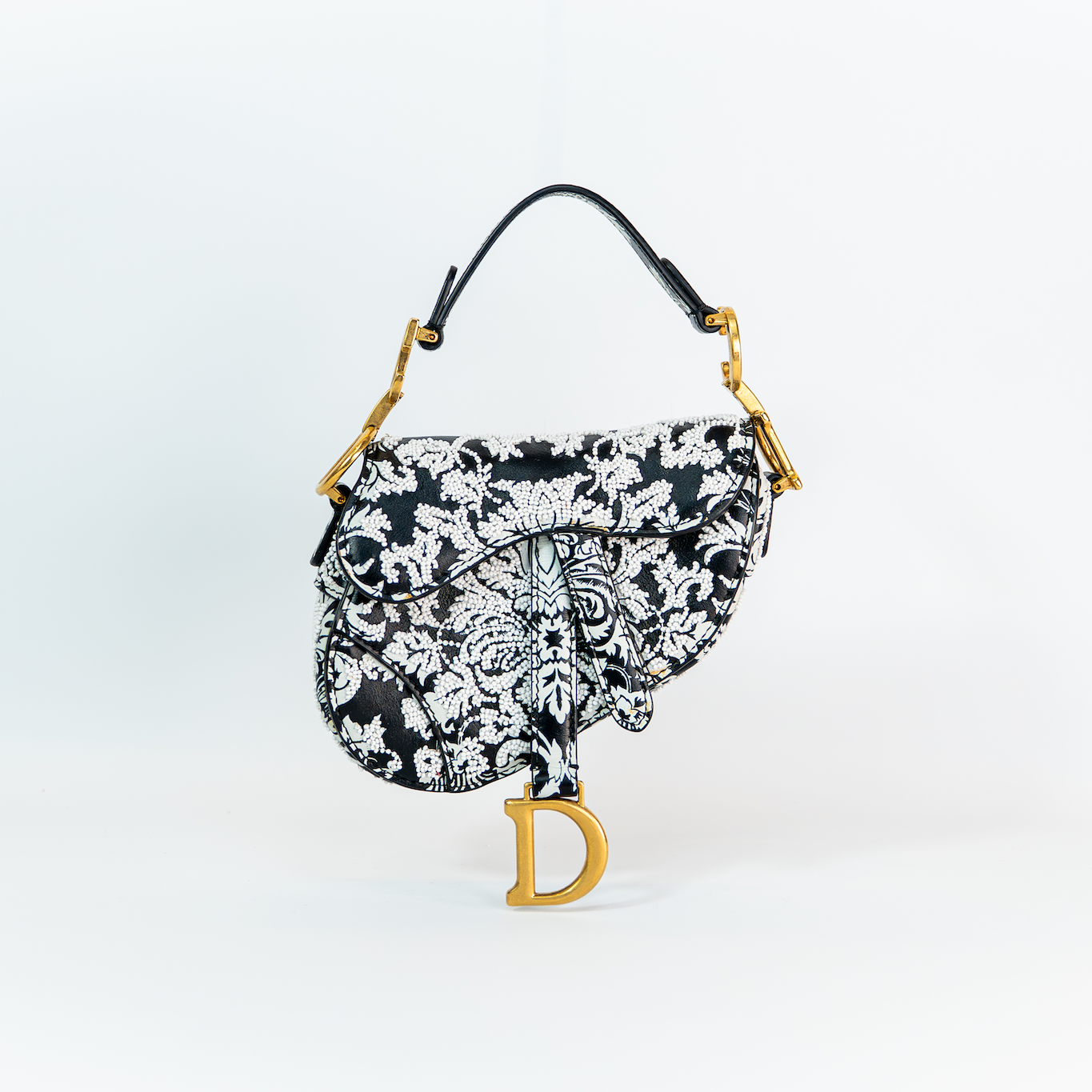 Dior Saddle Micro Bag — Black Ornamental Embroidered Calfskin, Gold Hardware, Full Original Packaging