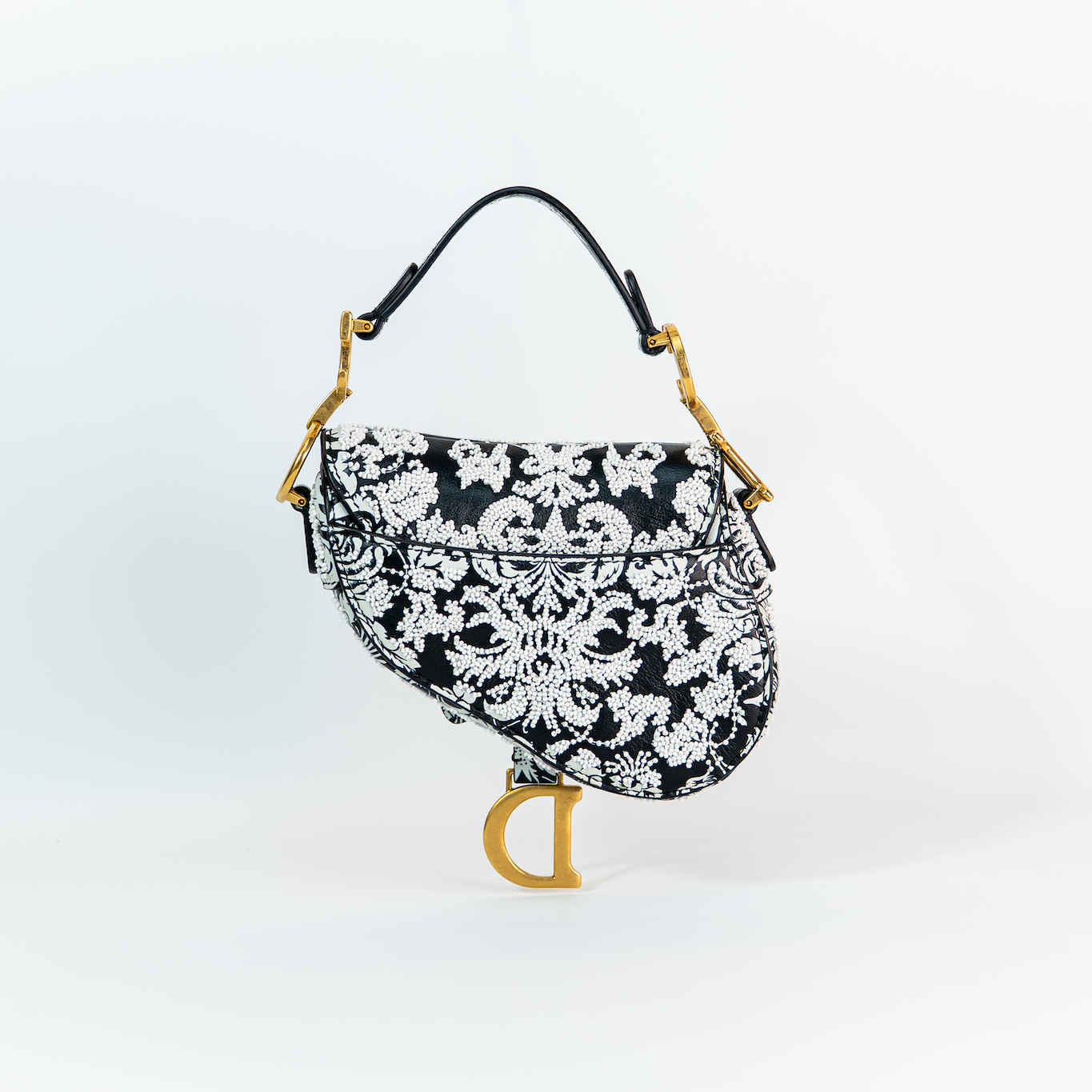 Dior Saddle Micro Bag — Black Ornamental Embroidered Calfskin, Gold Hardware, Full Original Packaging