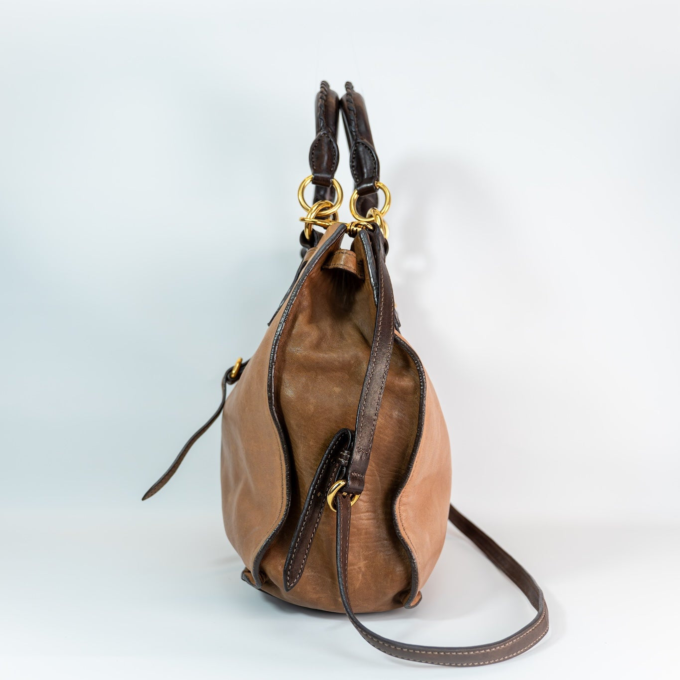 Early 2000s Two-Tone Leather Crossbody Bag — Light & Dark Brown, Gold Hardware