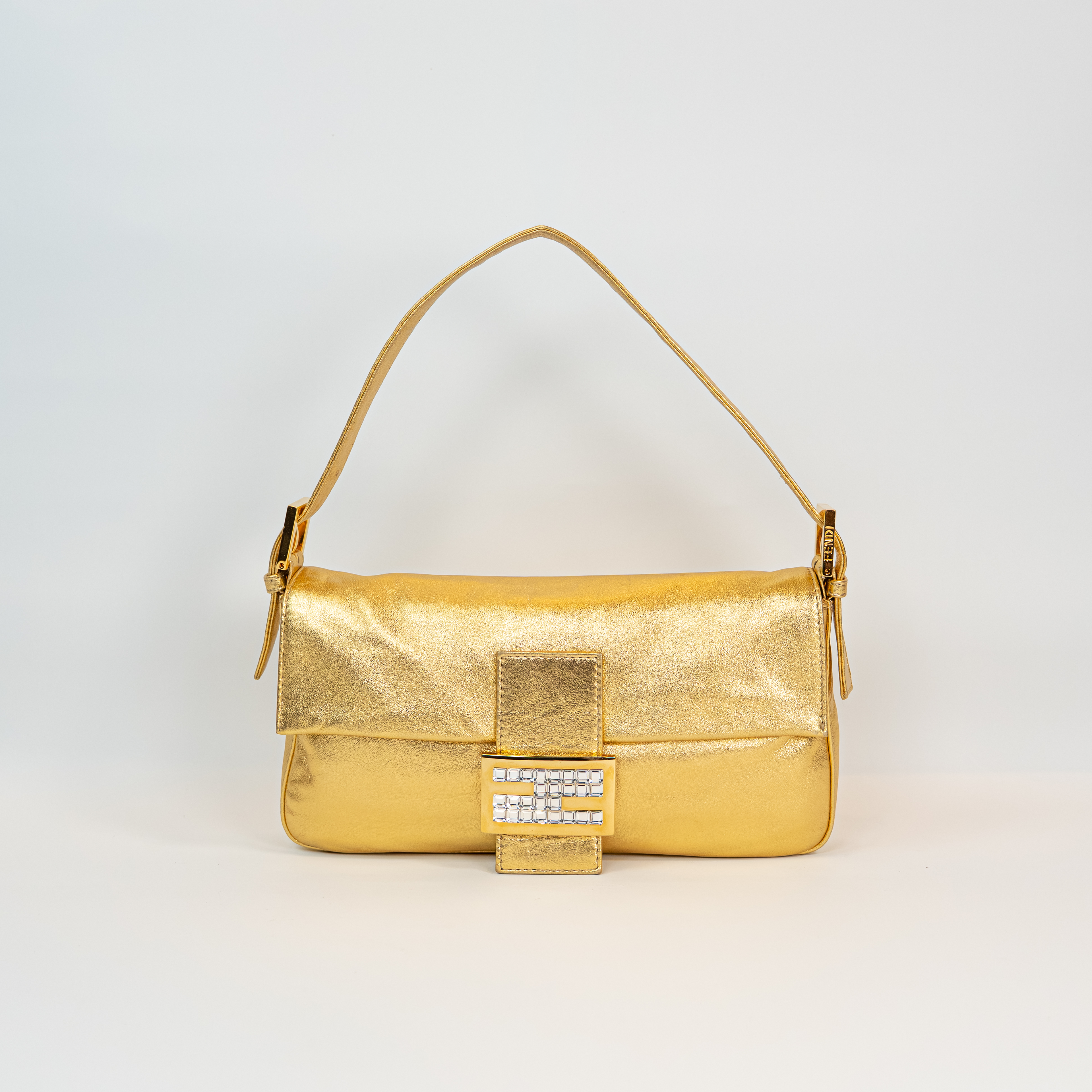 Fendi Gold Lambskin Crystal Baguette