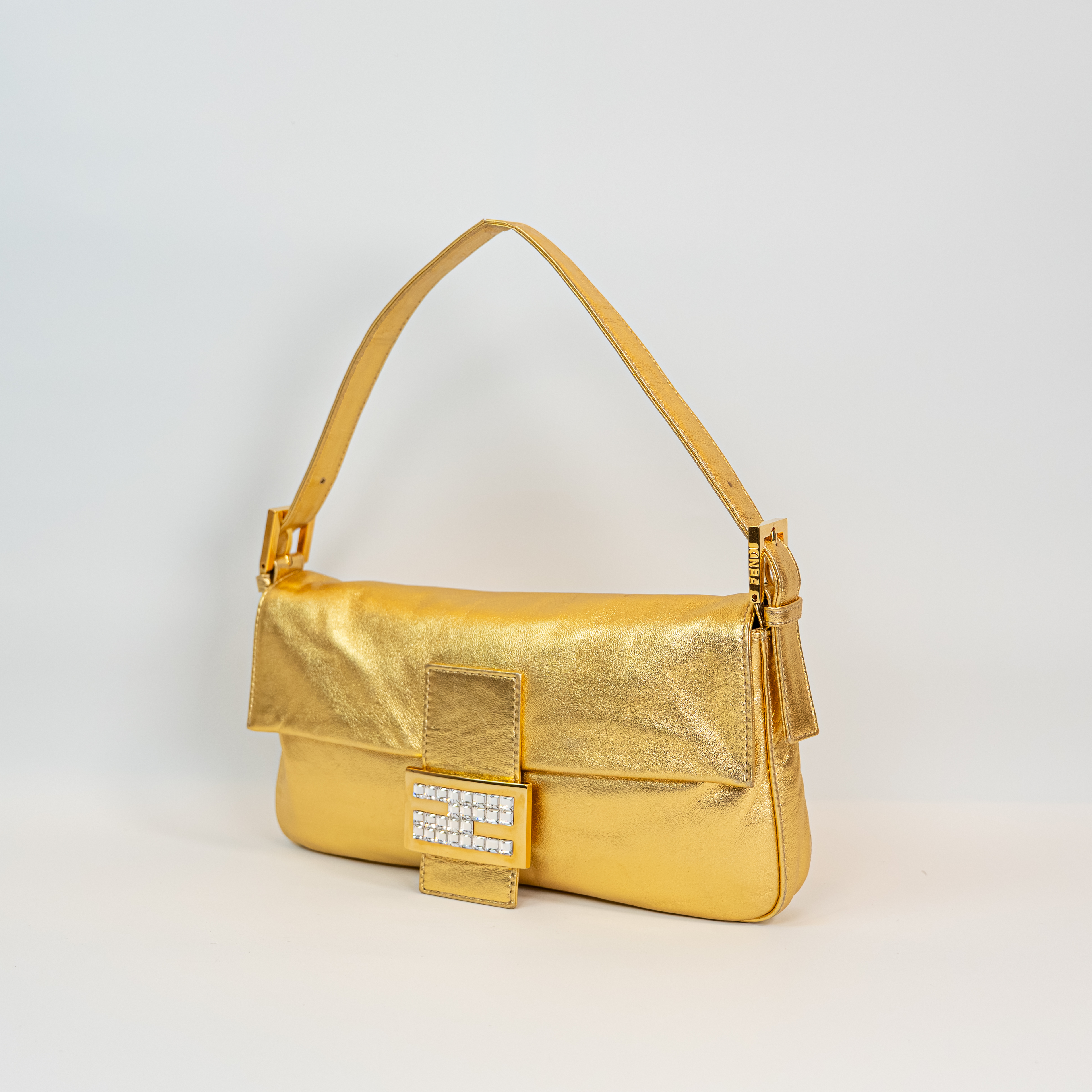 Fendi Gold Lambskin Crystal Baguette