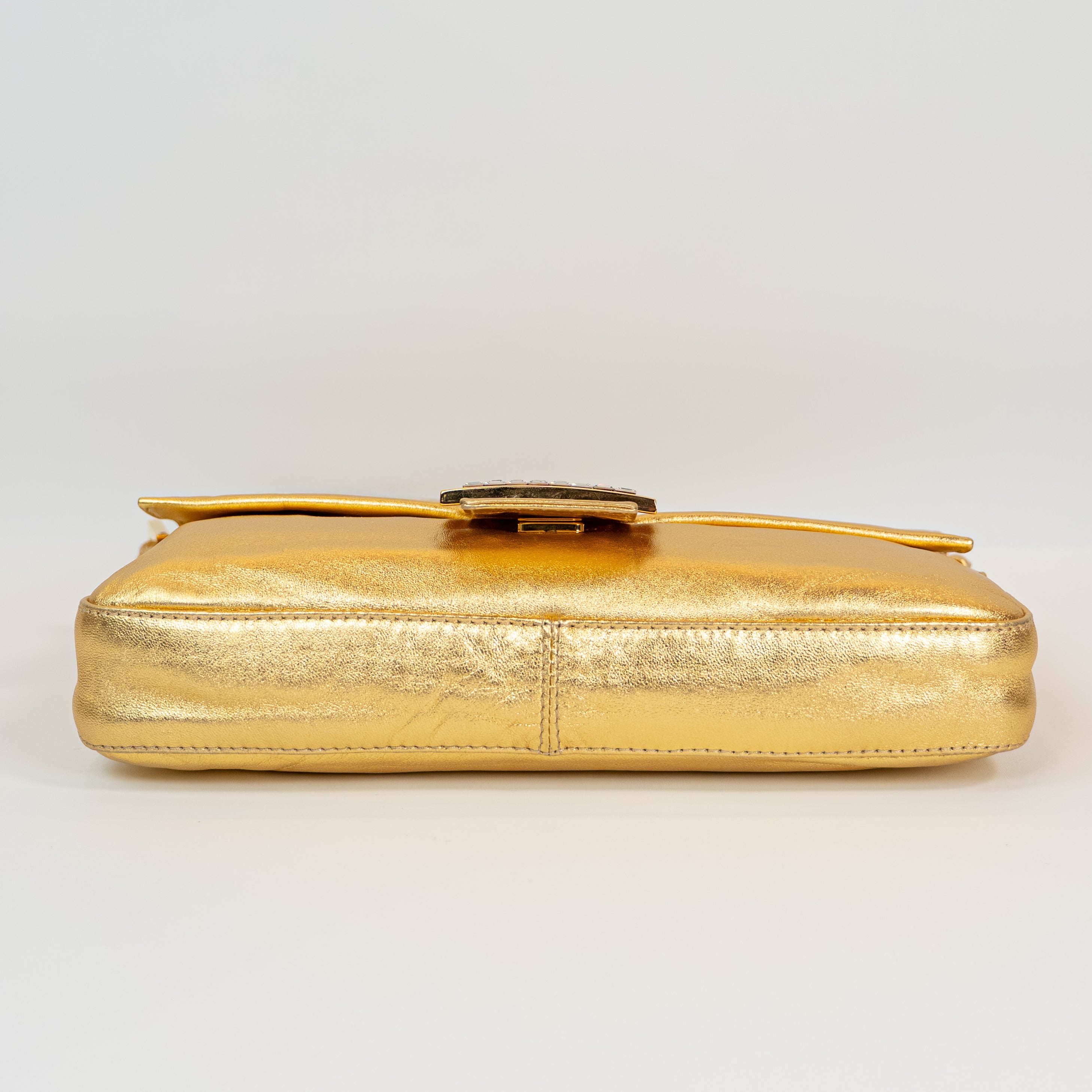 Fendi Gold Lambskin Crystal Baguette