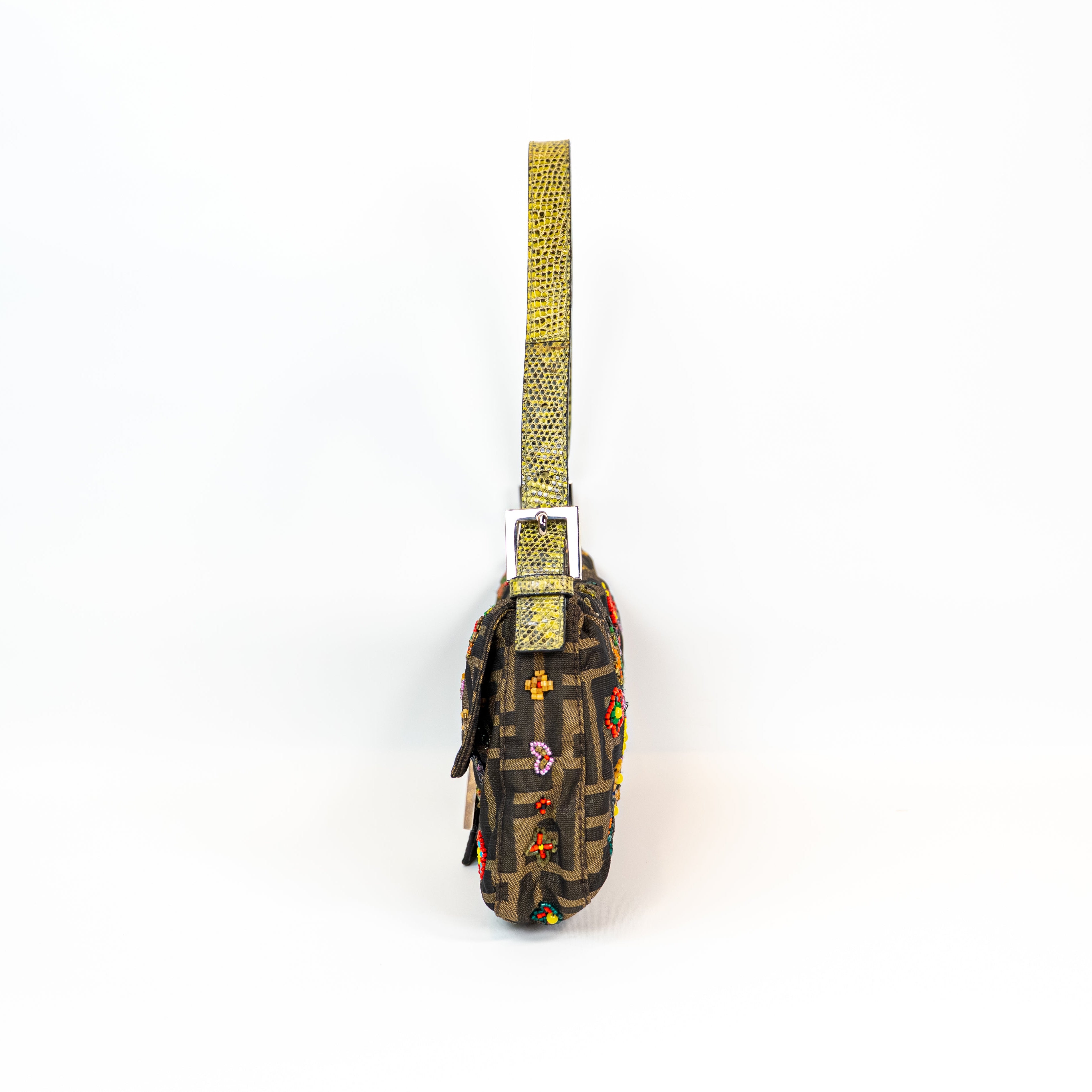 RARE Fendi Zucca Canvas Multicolour Beaded Baguette with Lizard Trim