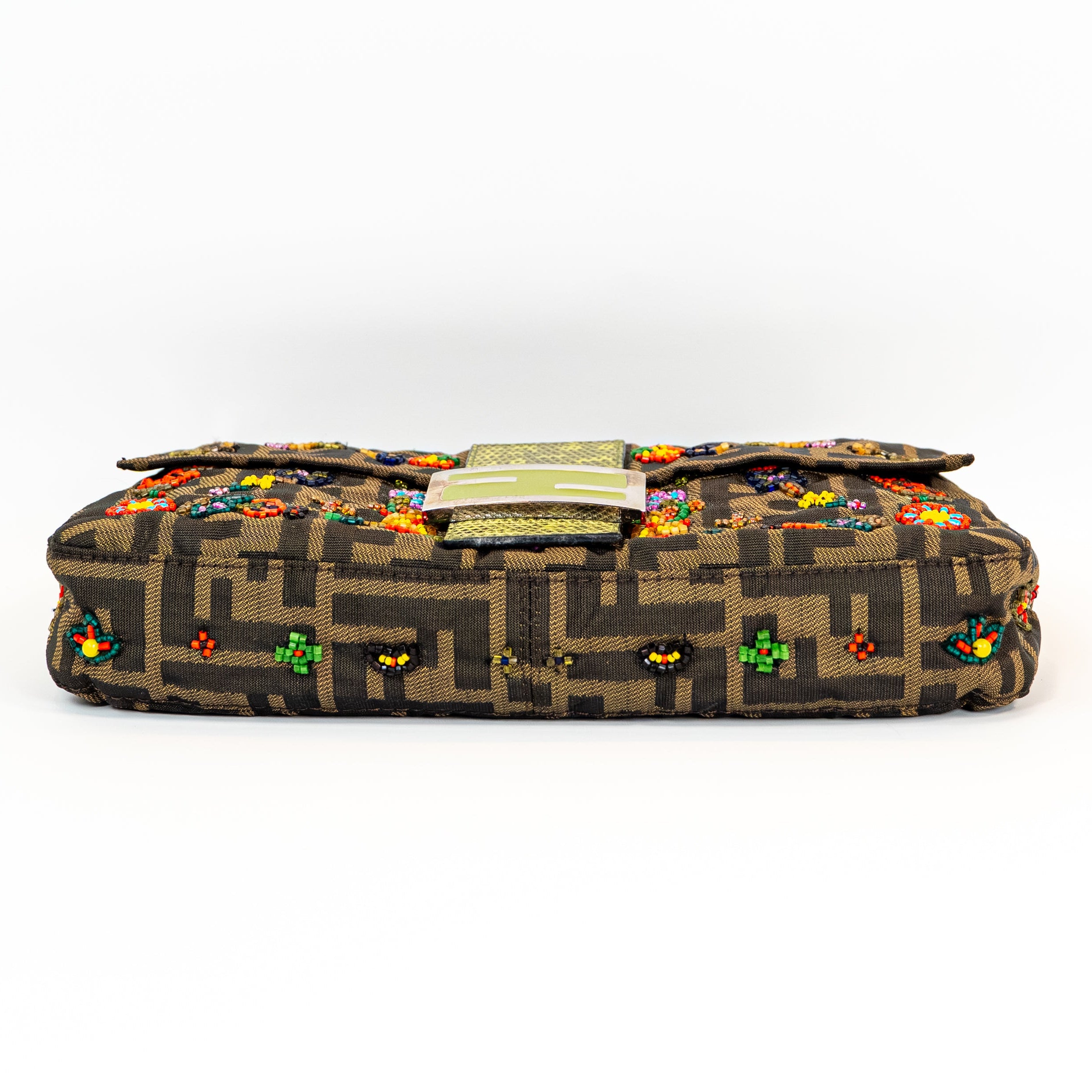 RARE Fendi Zucca Canvas Multicolour Beaded Baguette with Lizard Trim