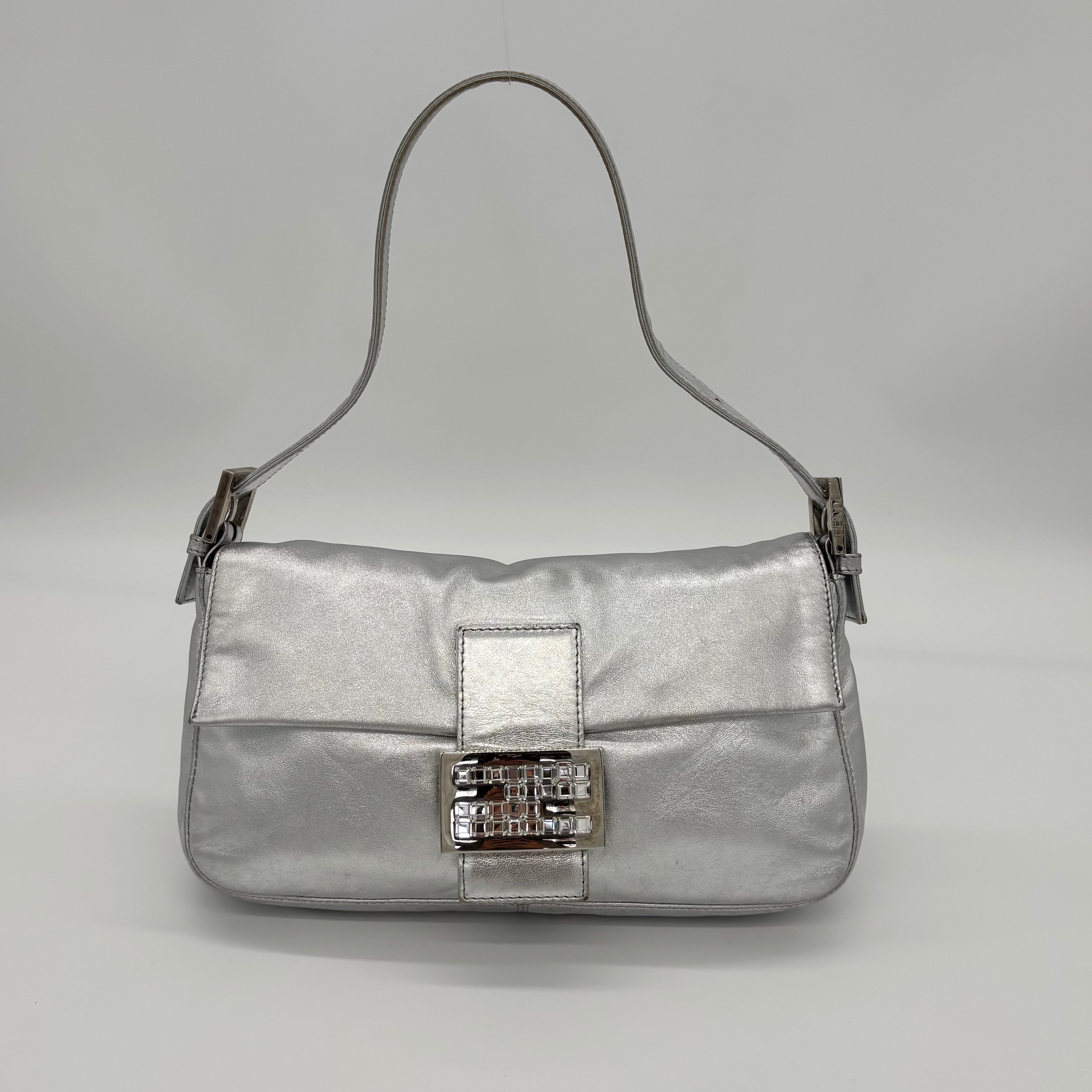 Fendi Silver Lambskin Crystal FF Buckle Baguette, Early 2000s
