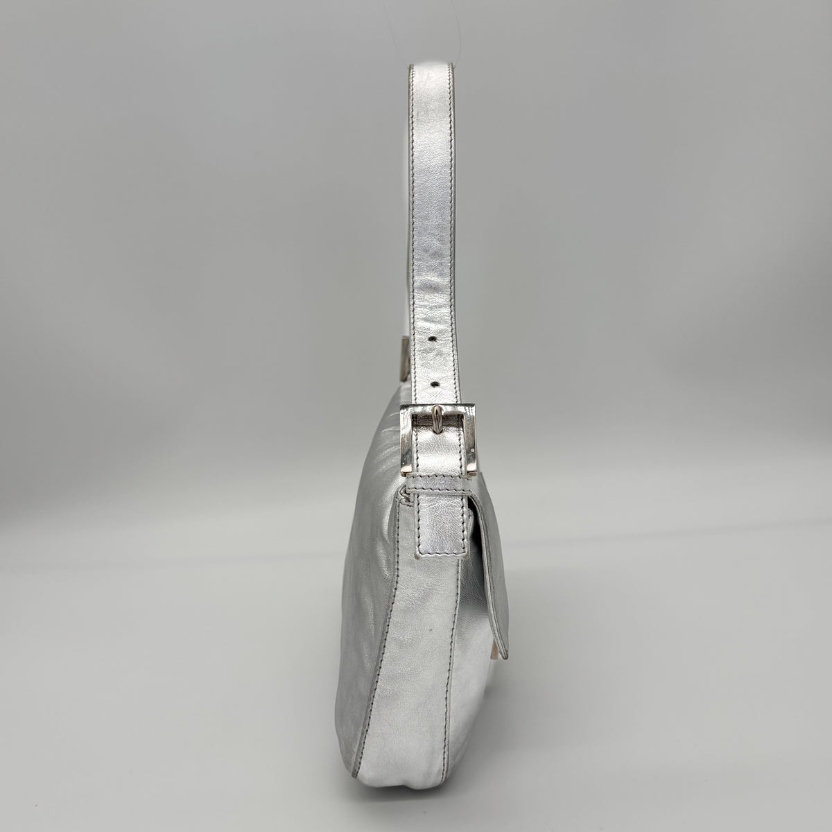 Fendi Silver Lambskin Crystal FF Buckle Baguette, Early 2000s
