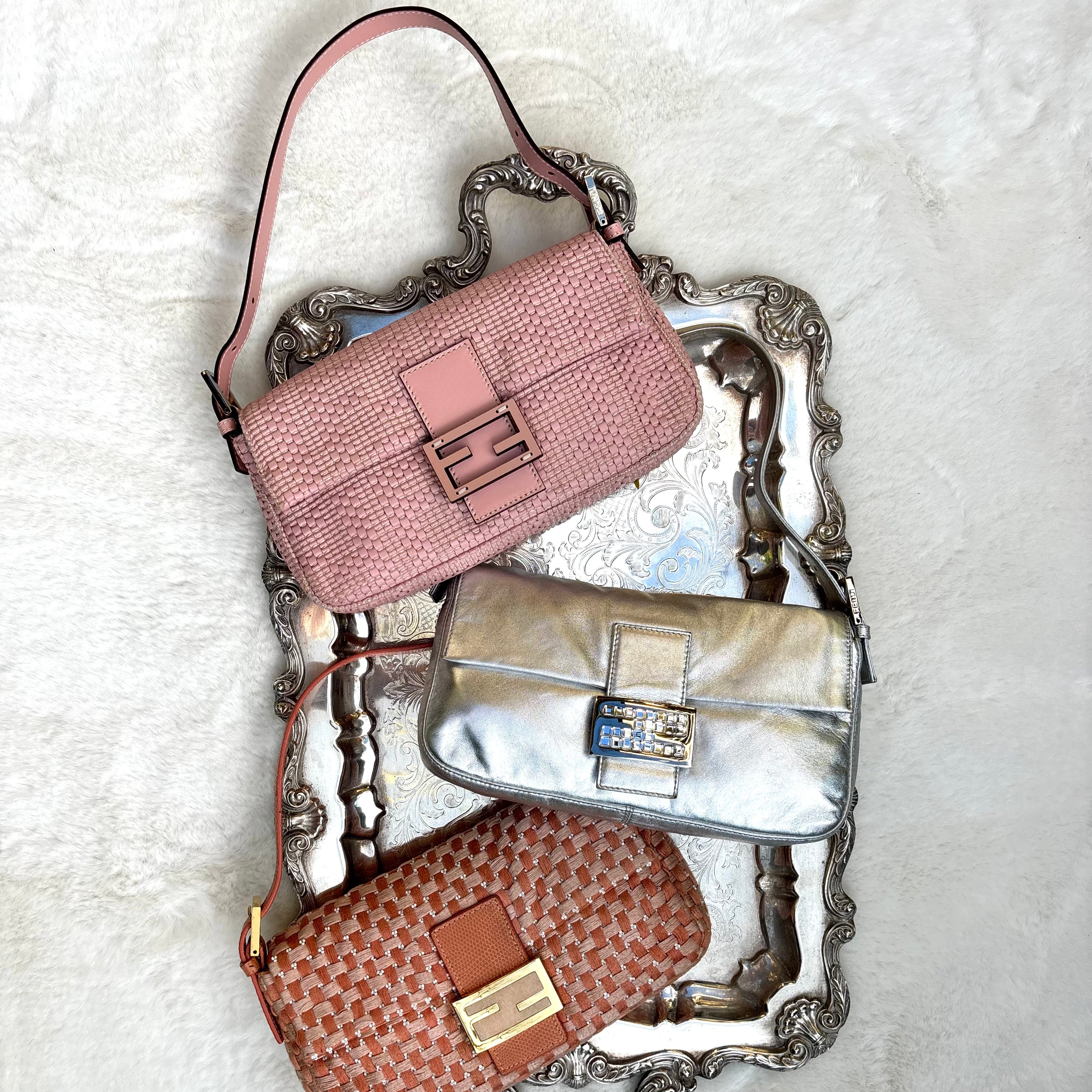 Fendi Woven Leather Baguette in Blush Pink