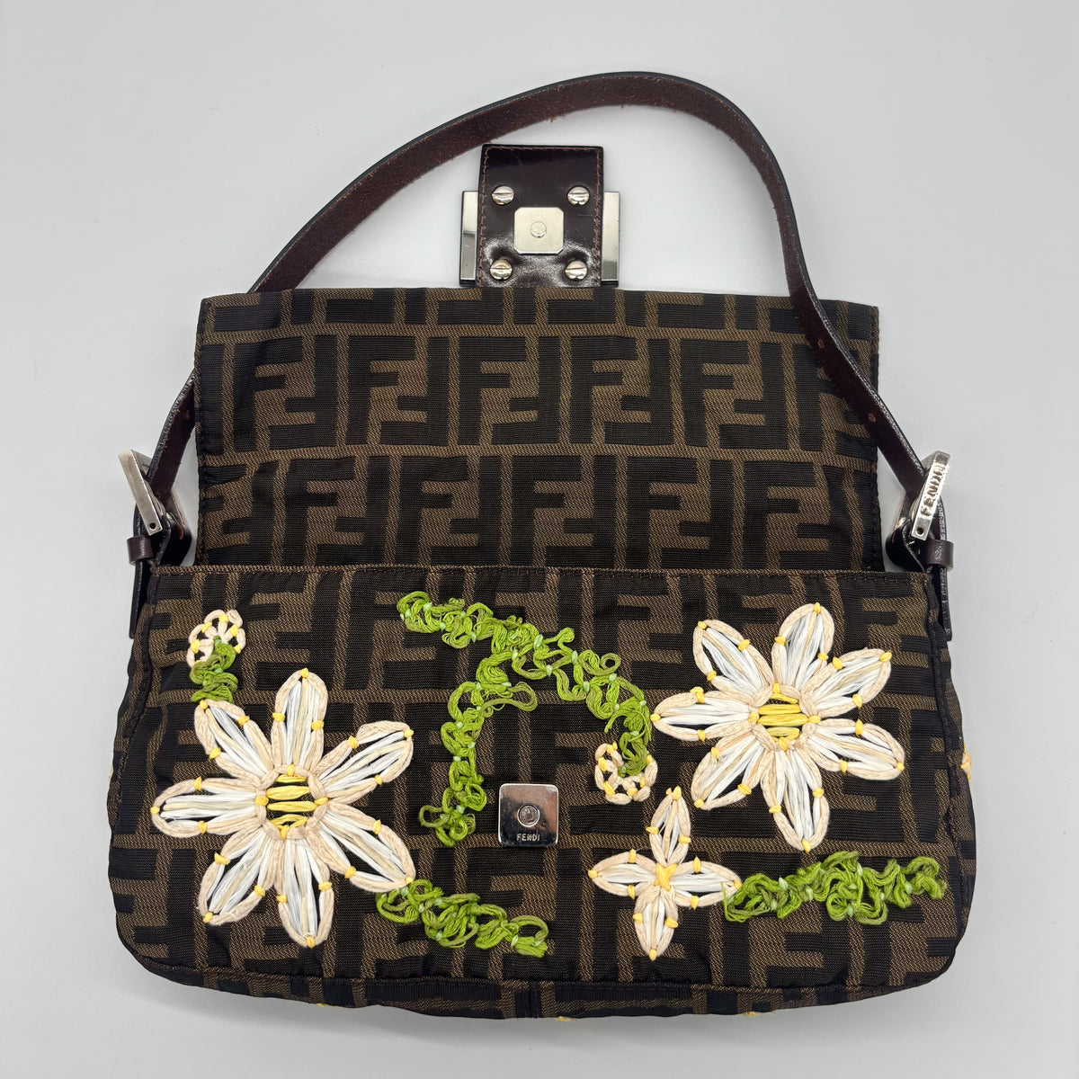 Fendi Zucca Canvas Embroidered Daisy Baguette, Tortoiseshell FF Buckle, Lime Green Silk Interior
