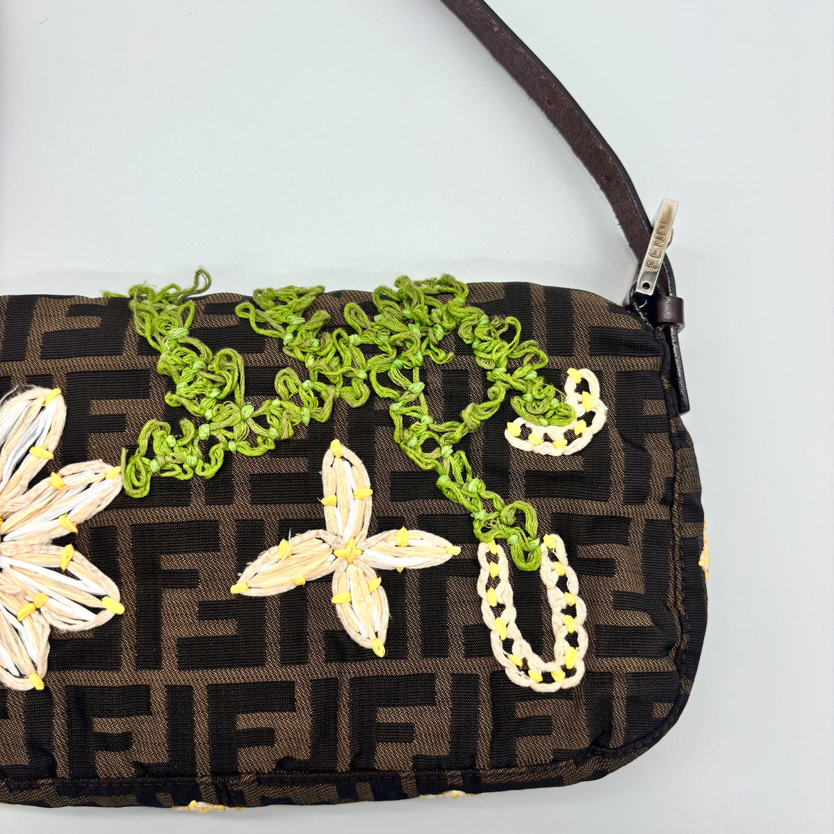 Fendi Zucca Canvas Embroidered Daisy Baguette, Tortoiseshell FF Buckle, Lime Green Silk Interior
