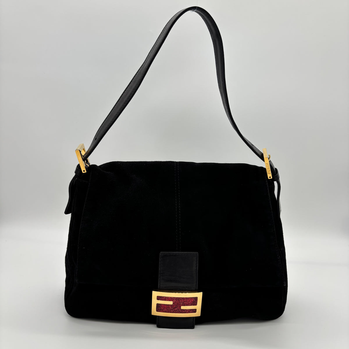 Fendi Mamma Baguette in Black Suede — Ruby Red FF Buckle, Early 2000s