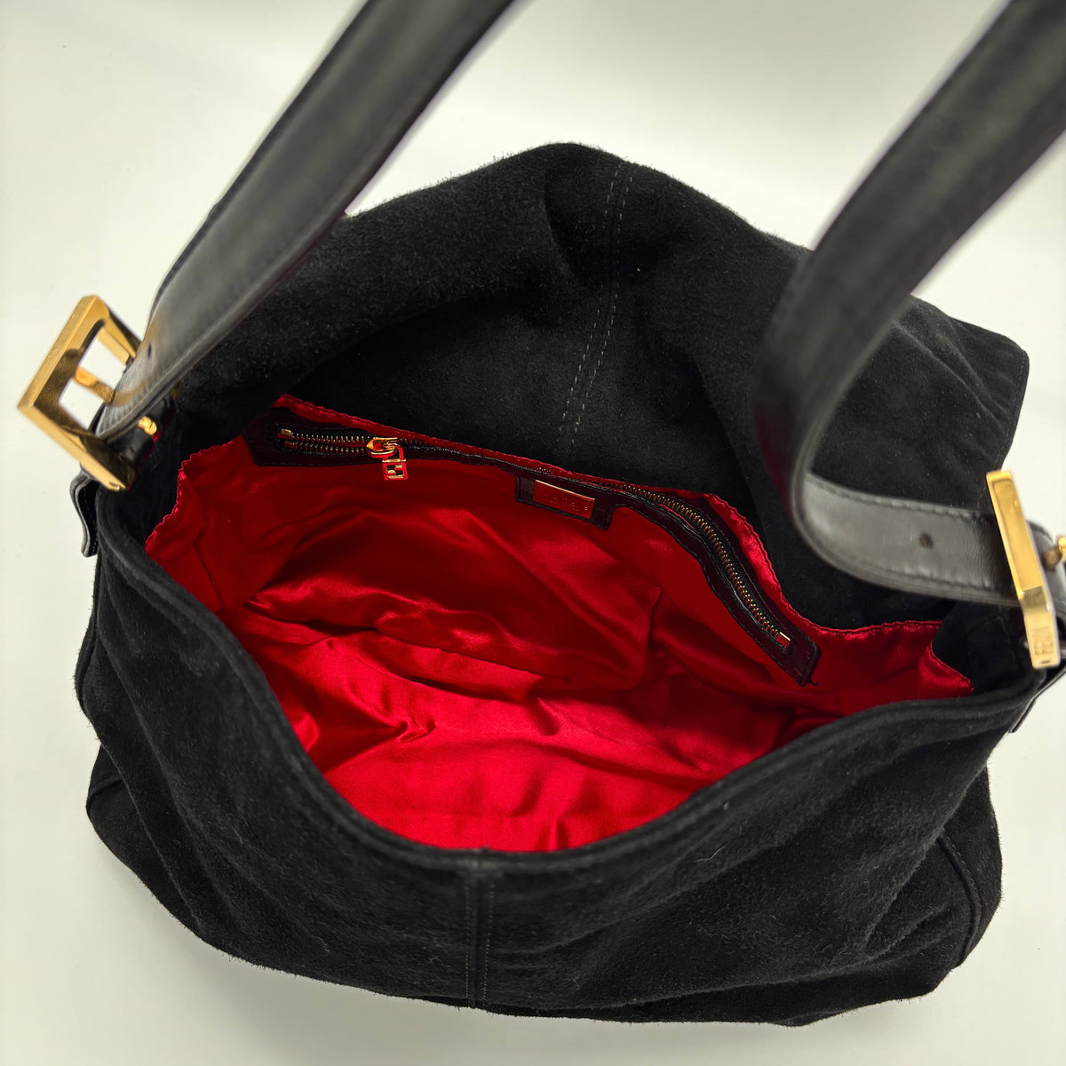 Fendi Mamma Baguette in Black Suede — Ruby Red FF Buckle, Early 2000s