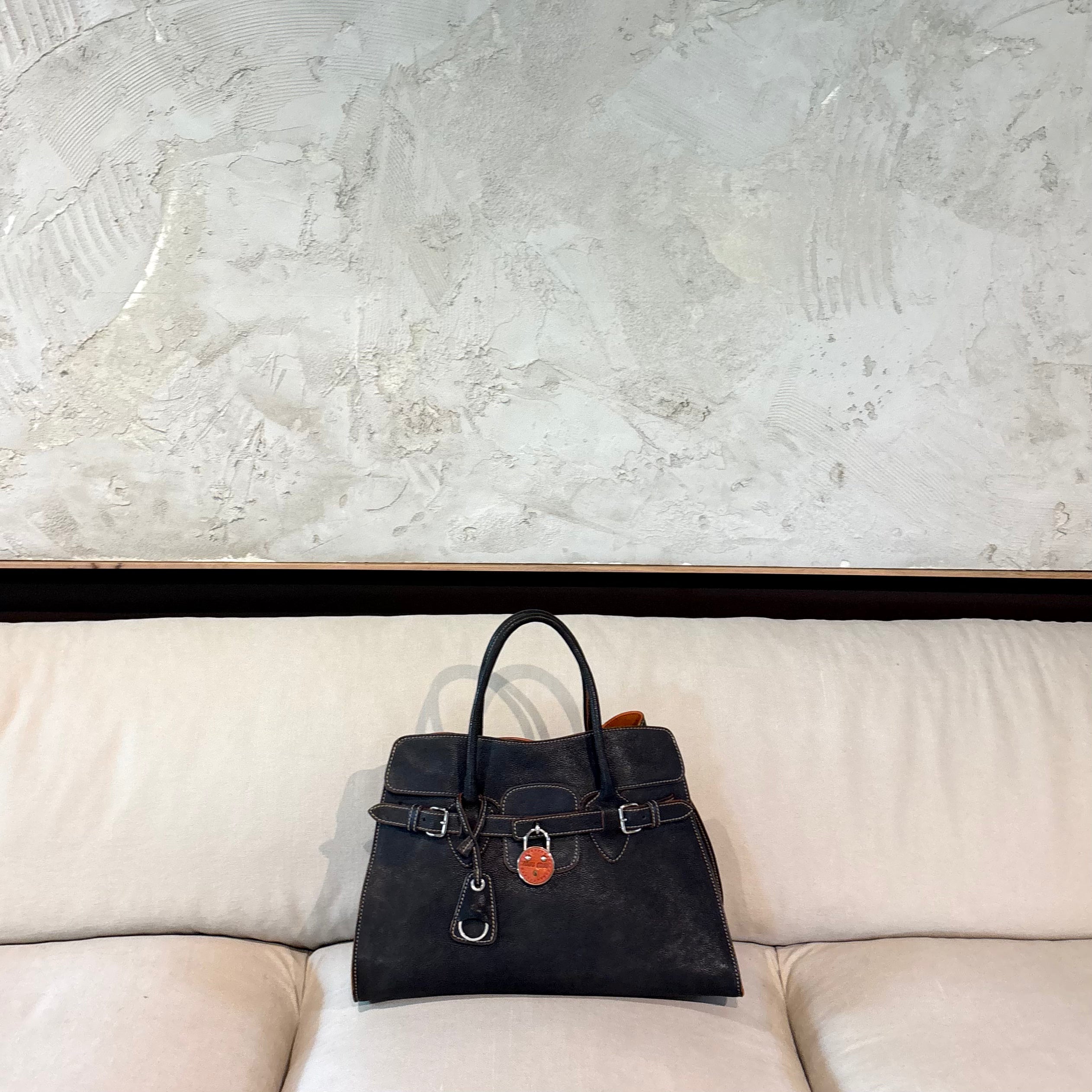 Early 2000s Miu Miu Leather Handbag — Black, Burnt Orange Suede Interior, Padlock & Clochette