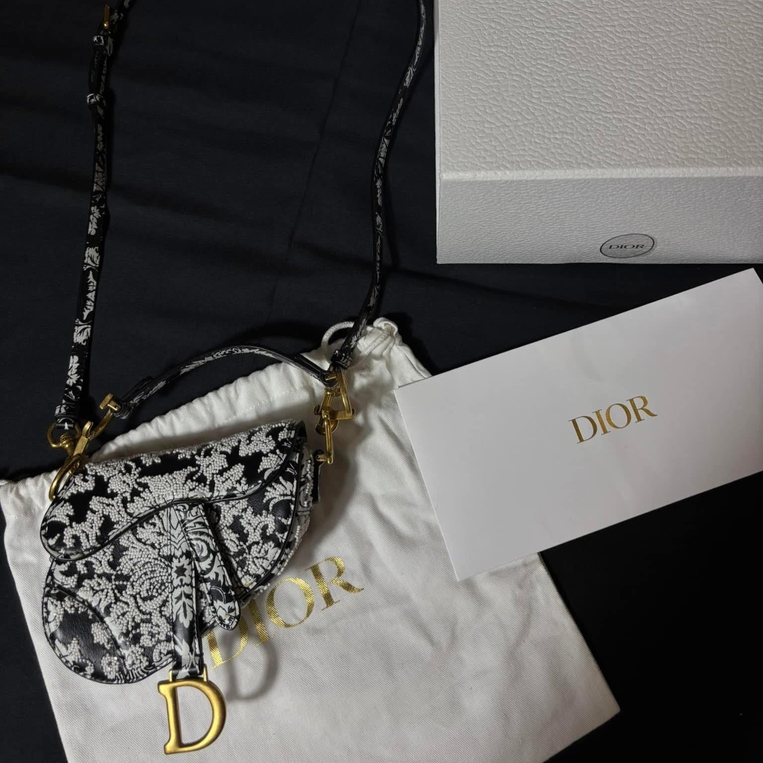 Dior Saddle Micro Bag — Black Ornamental Embroidered Calfskin, Gold Hardware, Full Original Packaging