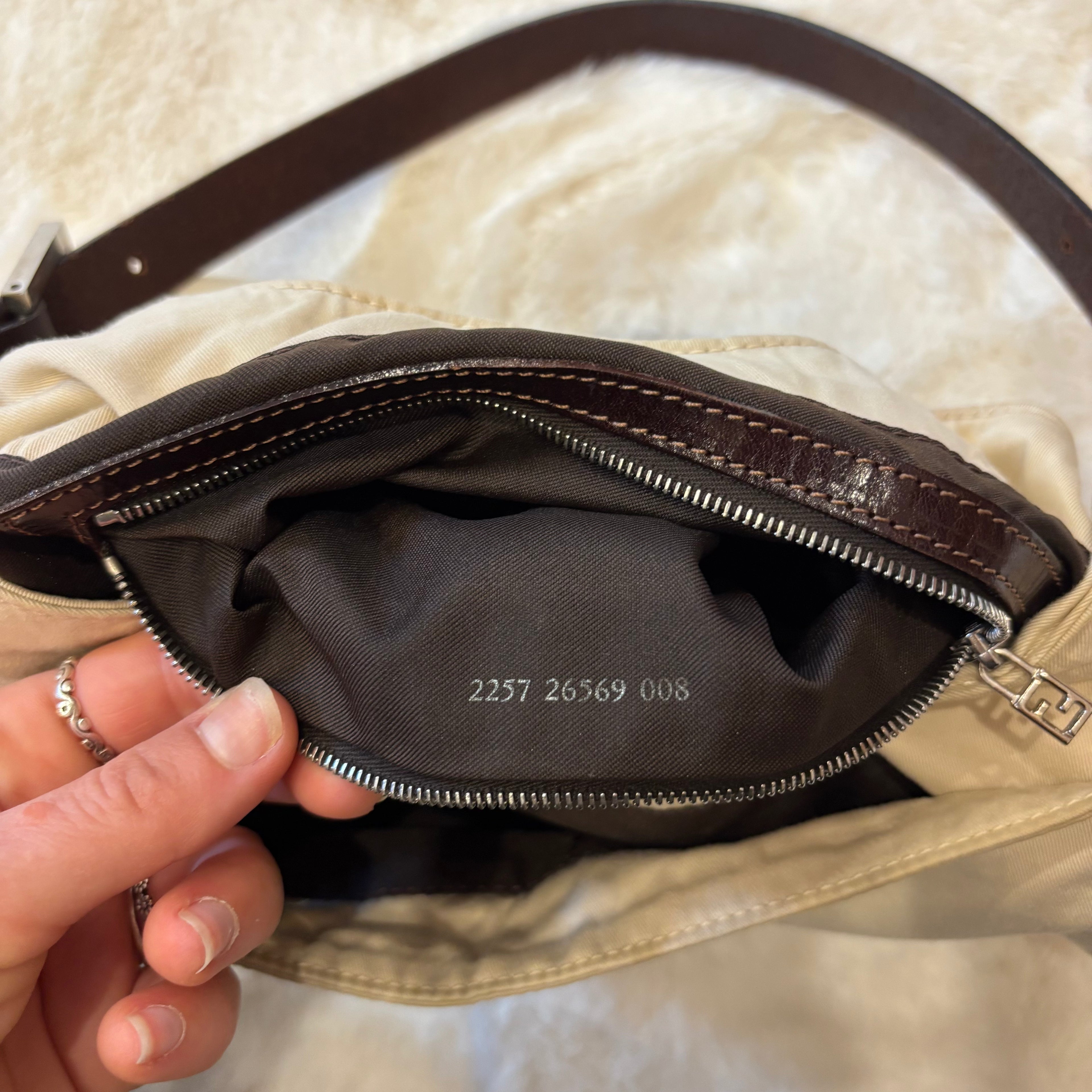 Zucca Canvas Baguette — Cream, Brown Leather Trim