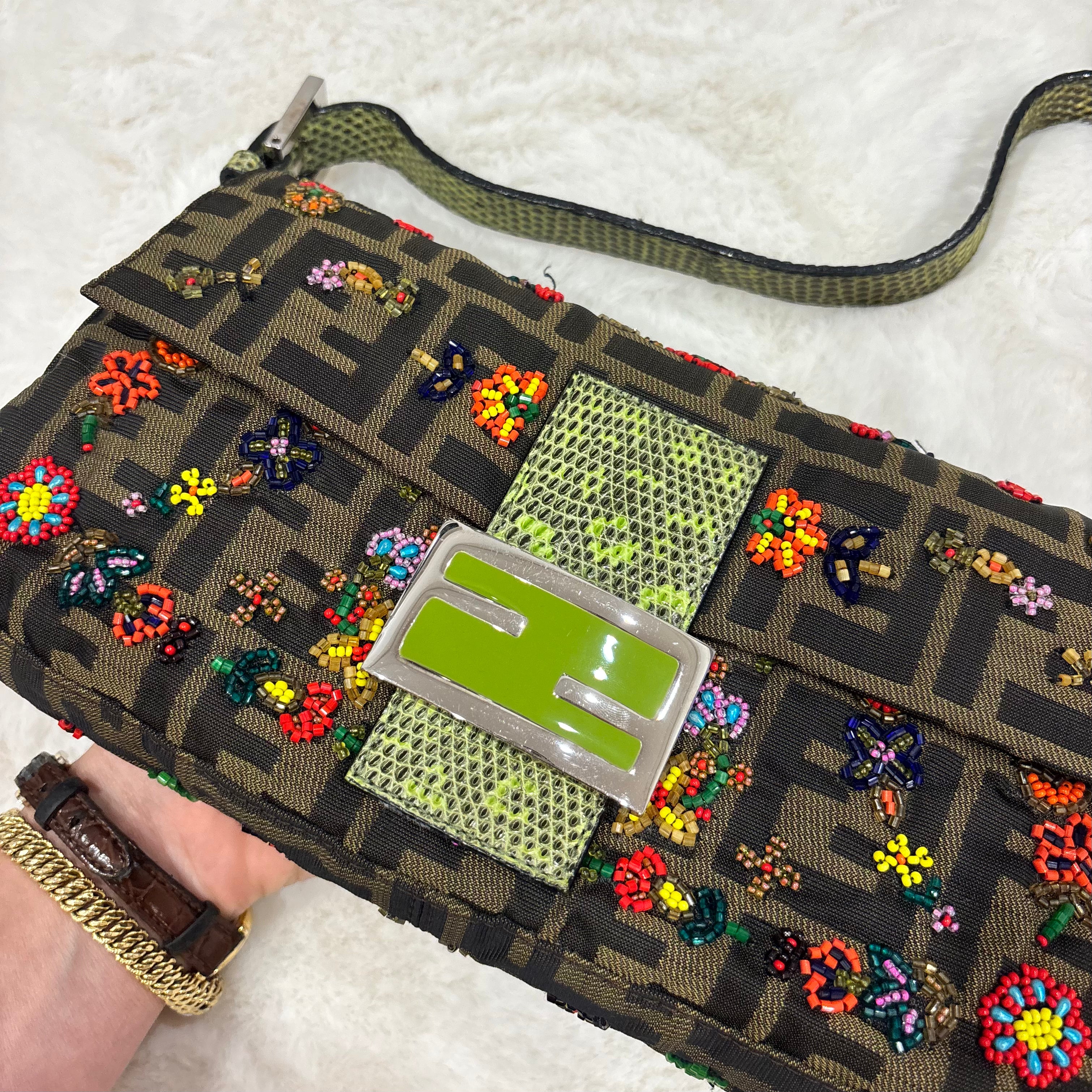 RARE Fendi Zucca Canvas Multicolour Beaded Baguette with Lizard Trim