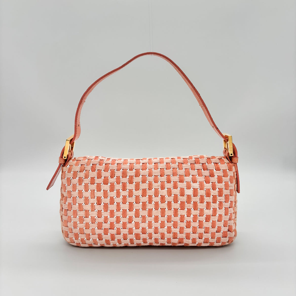 Fendi Peach & White Woven Tweed Crystal Beaded Baguette with Lizard Trim