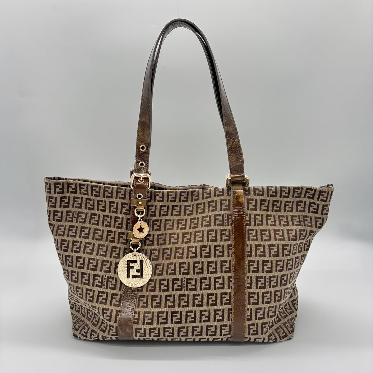 Fendi Zucca Canvas Zip Tote with Gold FF Charm — Early 2000s