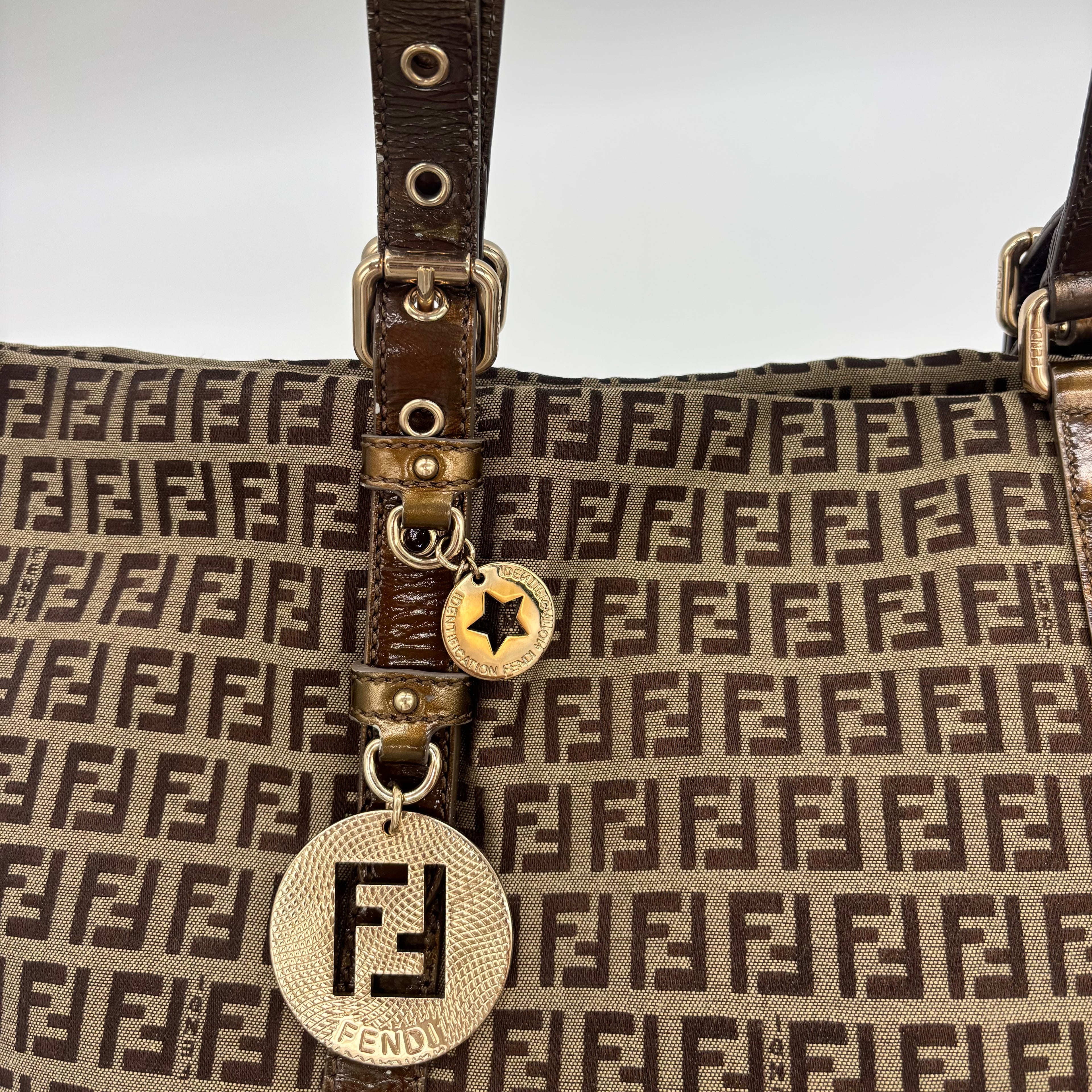 Fendi Zucca Canvas Zip Tote with Gold FF Charm — Early 2000s
