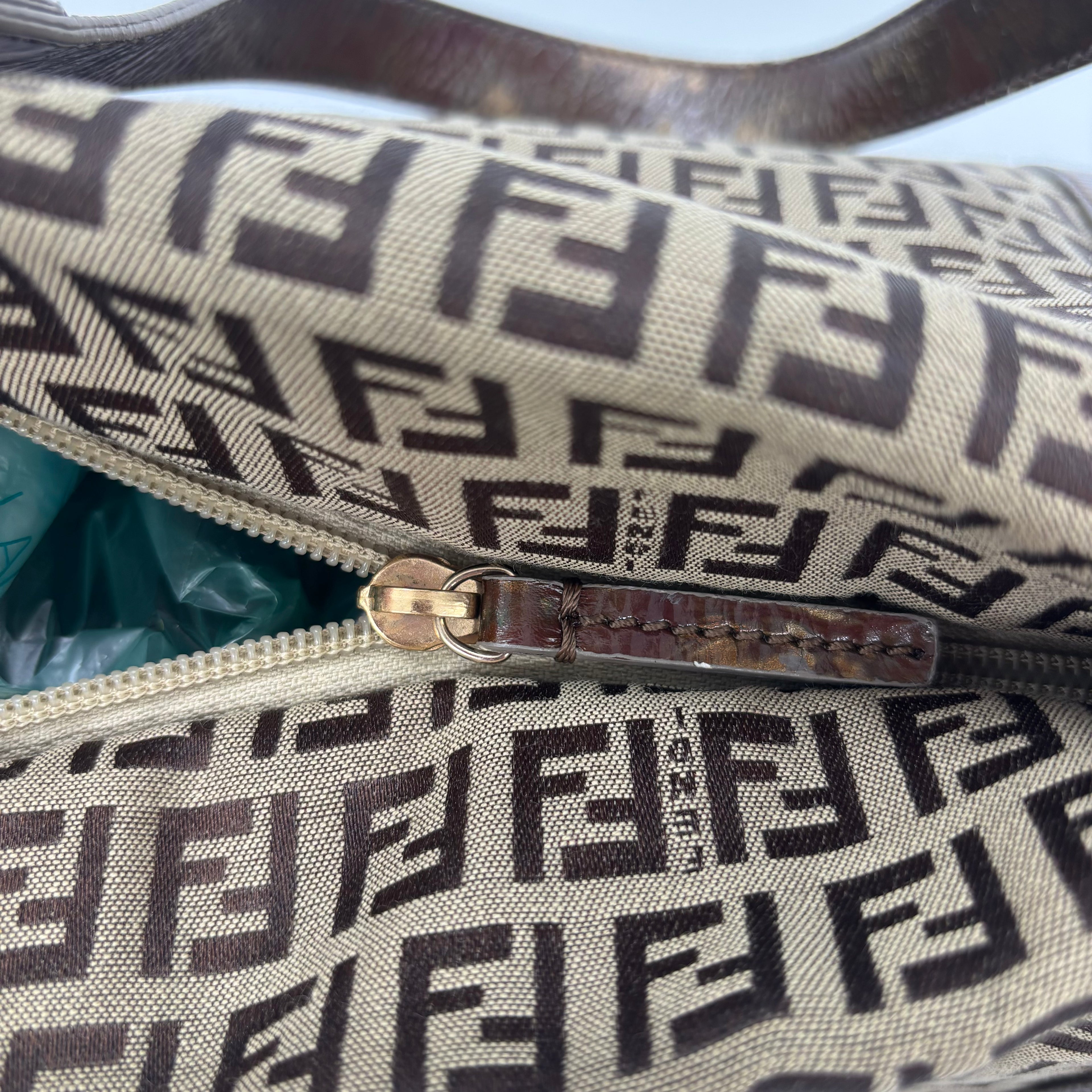 Fendi Zucca Canvas Zip Tote with Gold FF Charm — Early 2000s