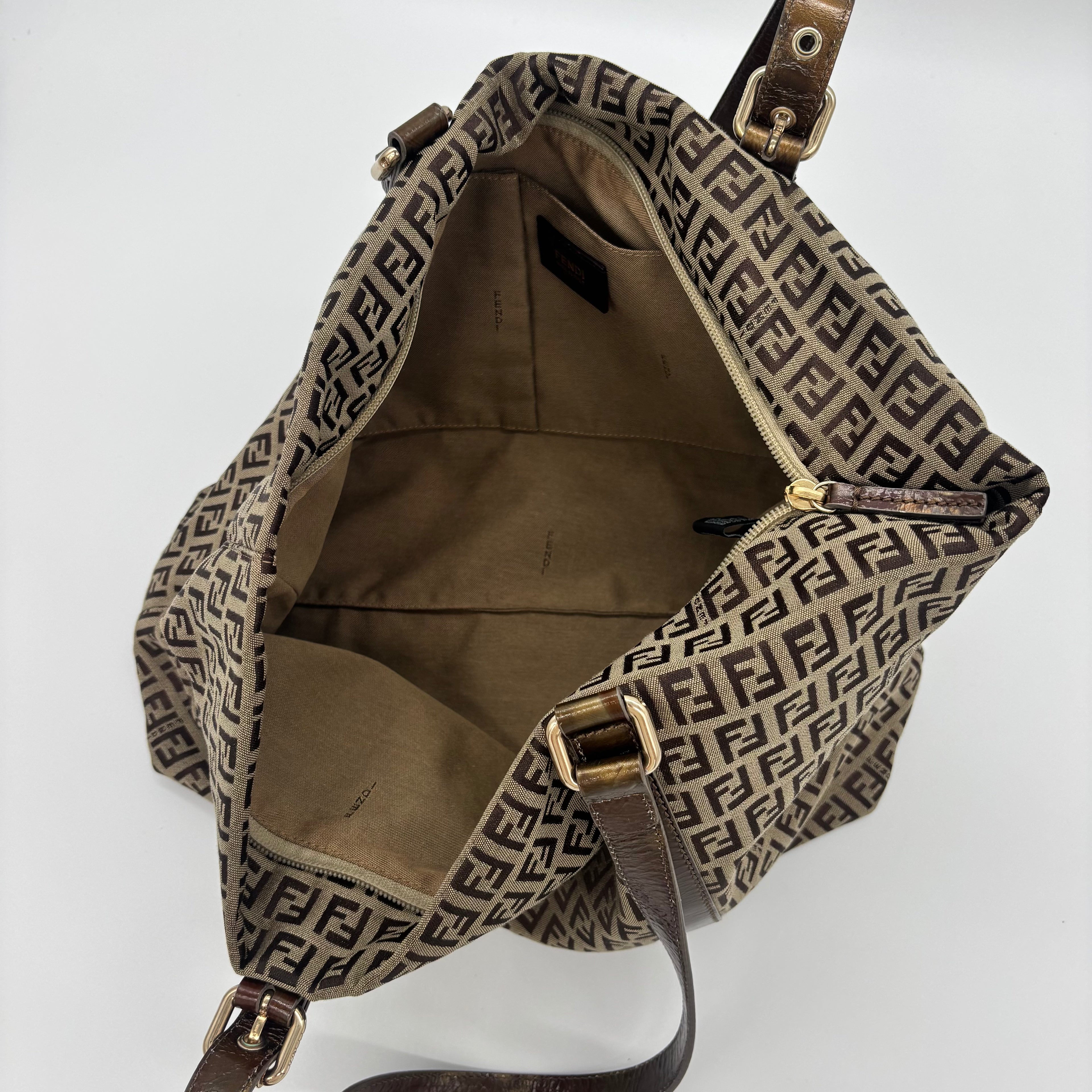 Fendi Zucca Canvas Zip Tote with Gold FF Charm — Early 2000s
