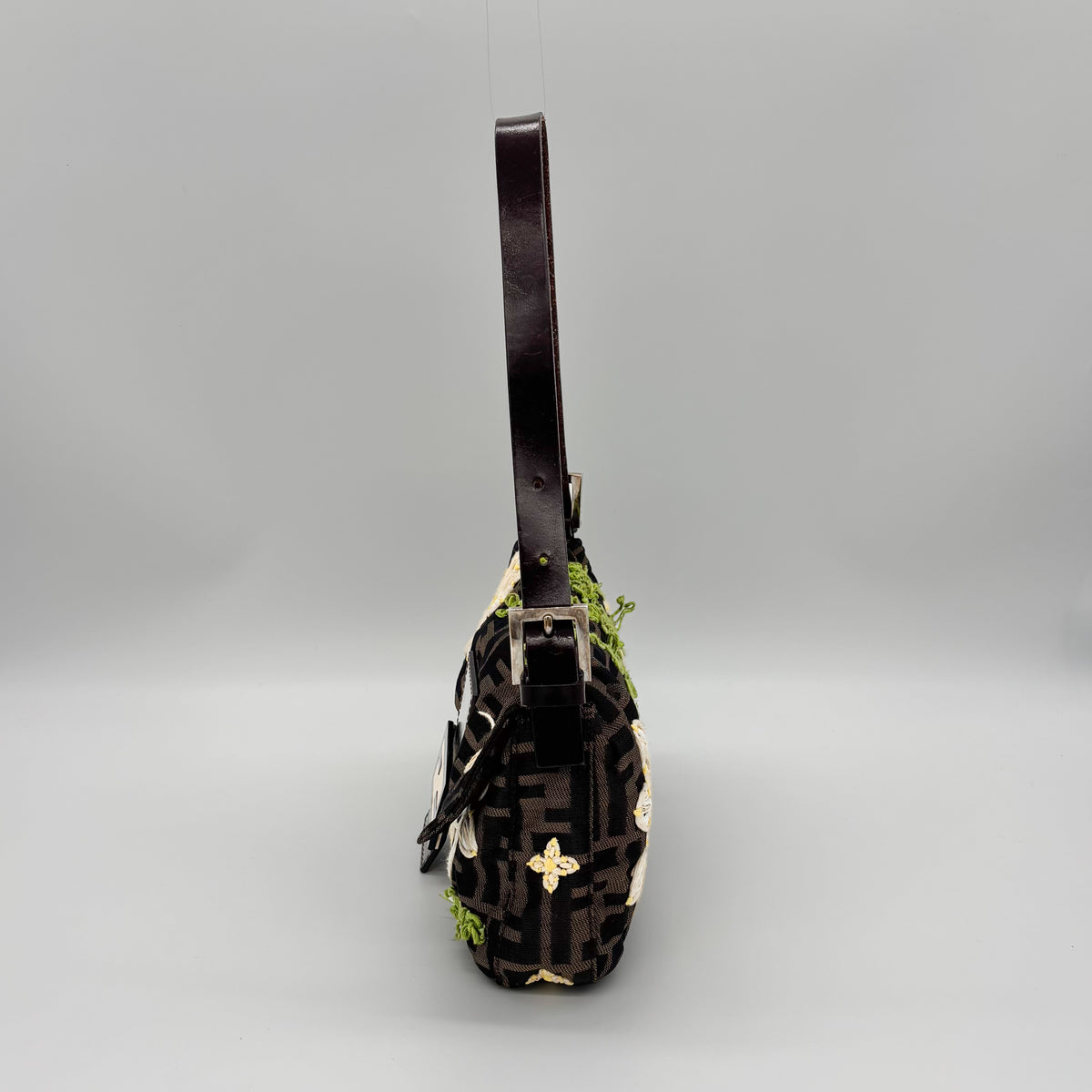 Fendi Zucca Canvas Embroidered Daisy Baguette, Tortoiseshell FF Buckle, Lime Green Silk Interior