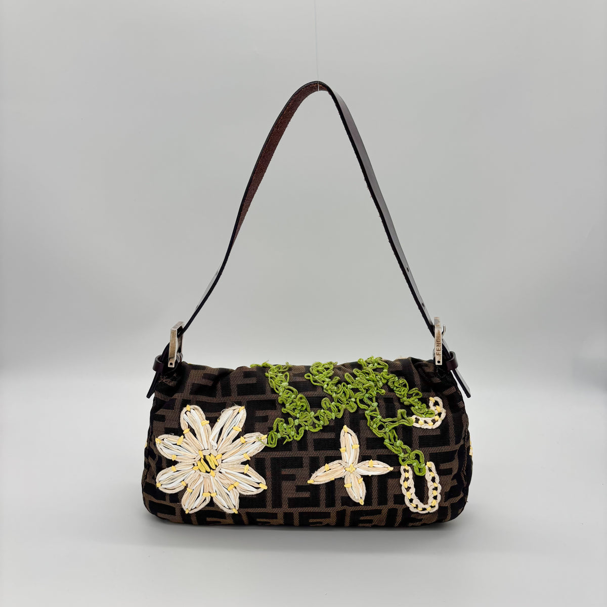 Fendi Zucca Canvas Embroidered Daisy Baguette, Tortoiseshell FF Buckle, Lime Green Silk Interior
