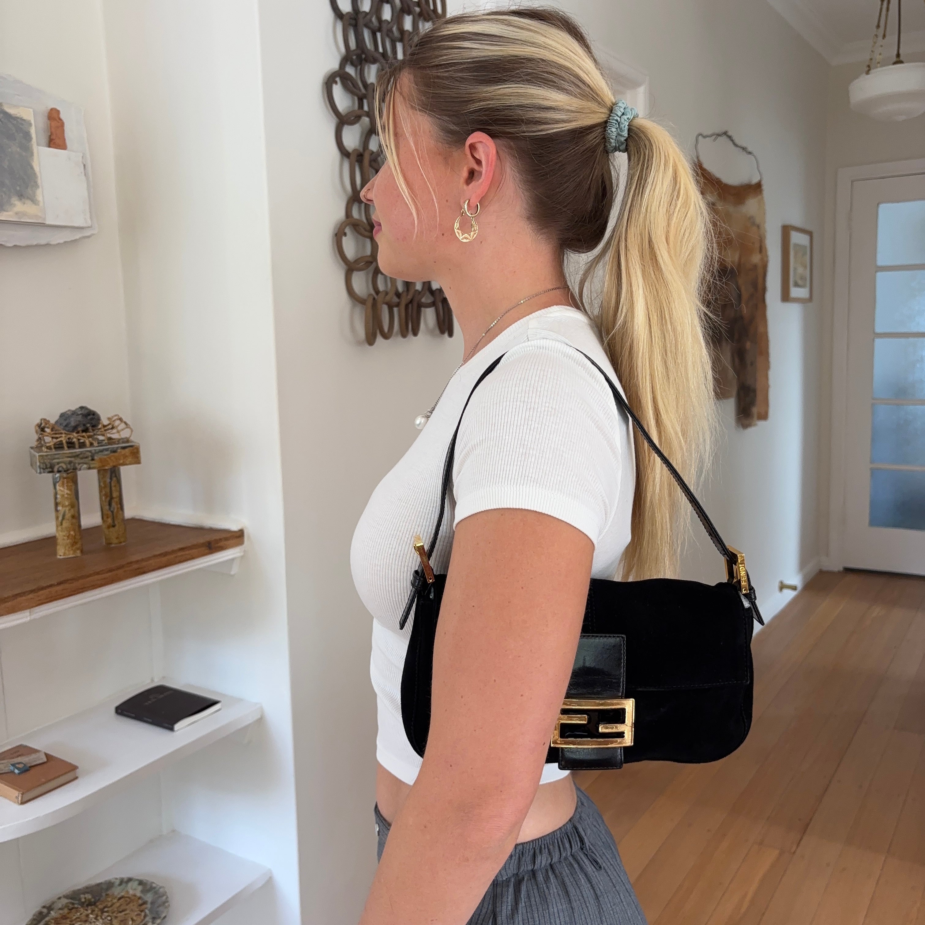 Fendi Black Suede Baguette