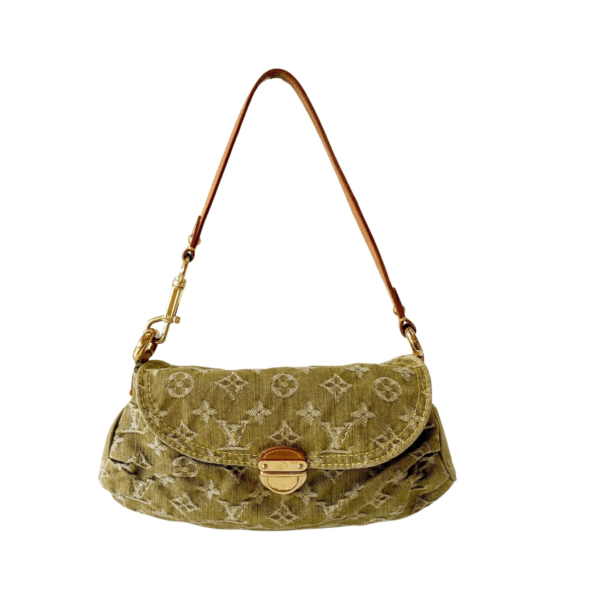 Monogram Denim Pleaty Shoulder Bag in Khaki