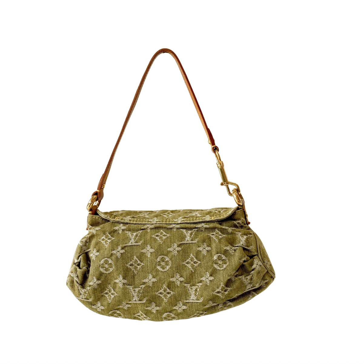 Monogram Denim Pleaty Shoulder Bag in Khaki