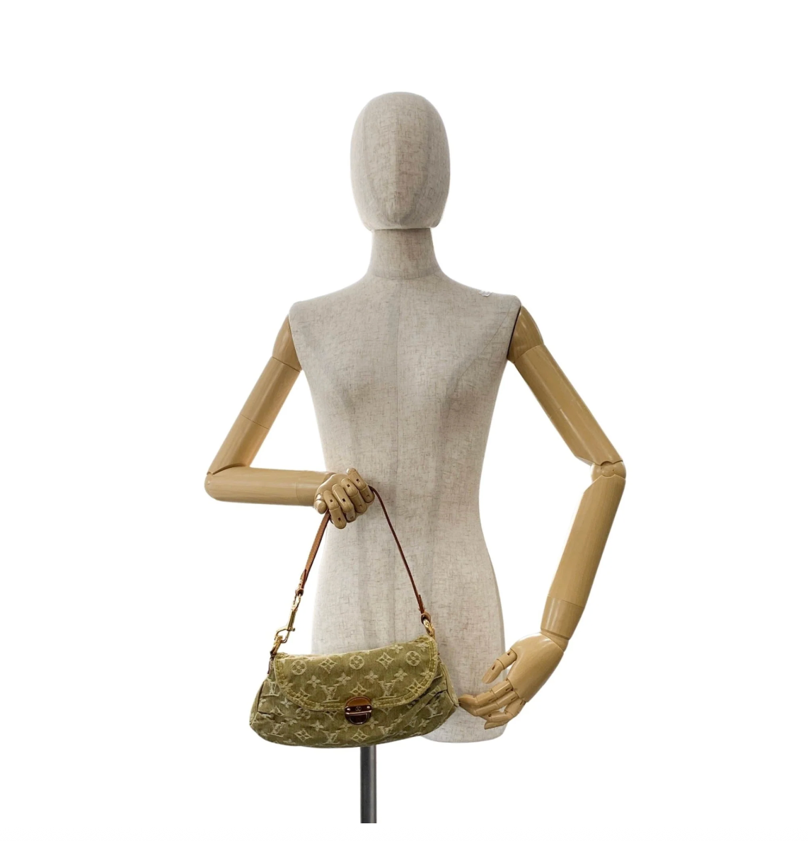 Monogram Denim Pleaty Shoulder Bag in Khaki