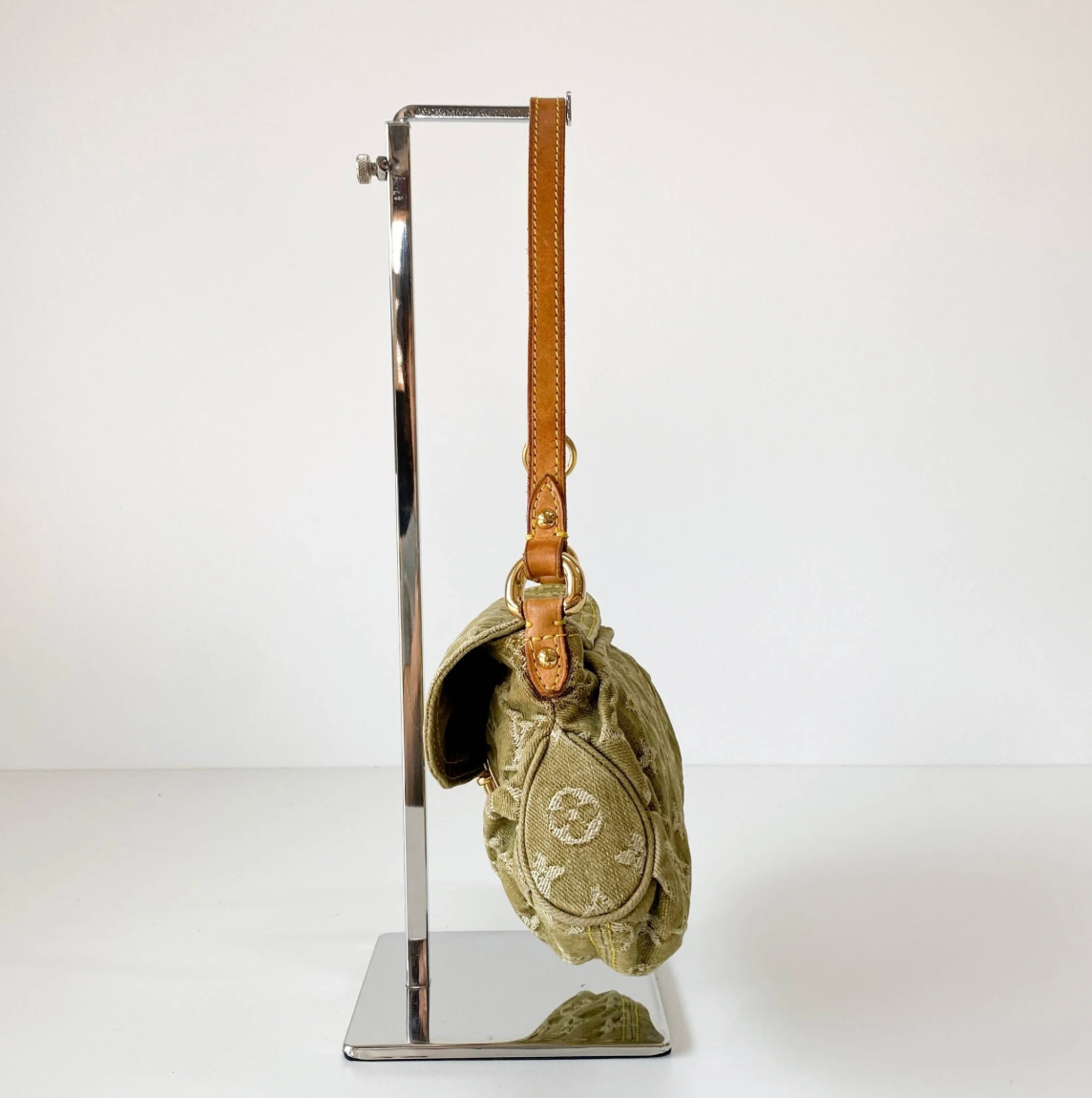 Monogram Denim Pleaty Shoulder Bag in Khaki