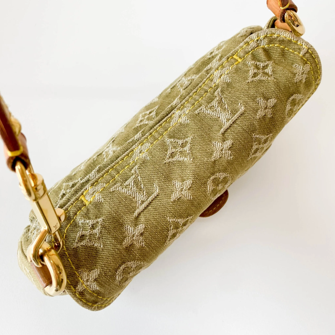 Monogram Denim Pleaty Shoulder Bag in Khaki