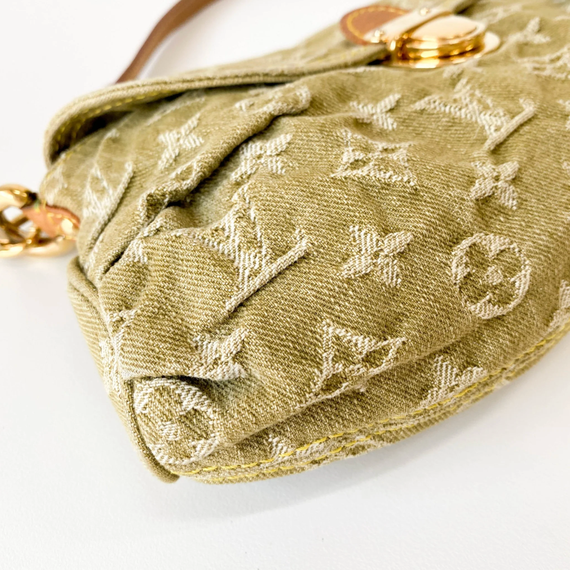 Monogram Denim Pleaty Shoulder Bag in Khaki