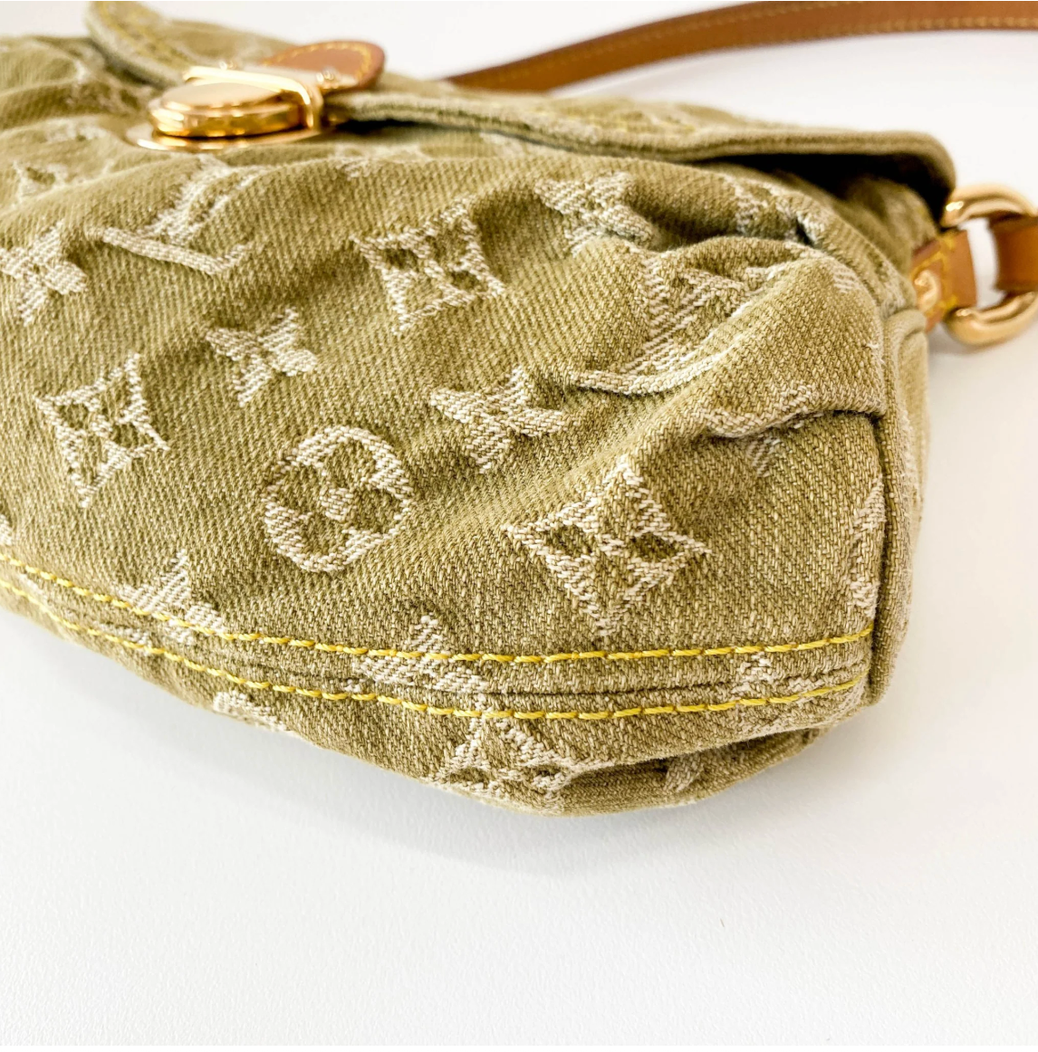 Monogram Denim Pleaty Shoulder Bag in Khaki