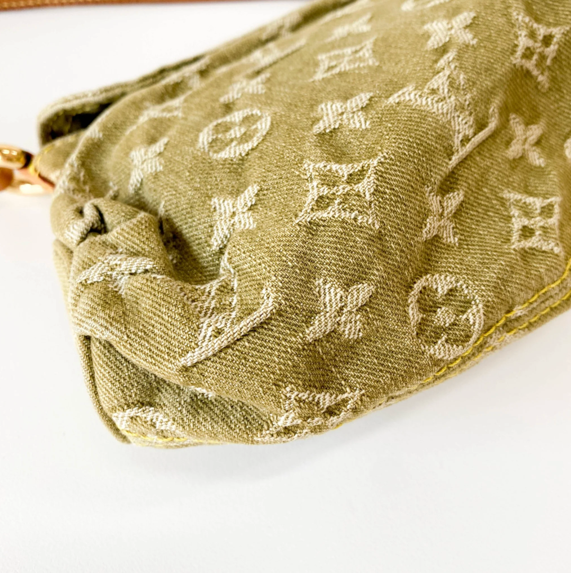 Monogram Denim Pleaty Shoulder Bag in Khaki