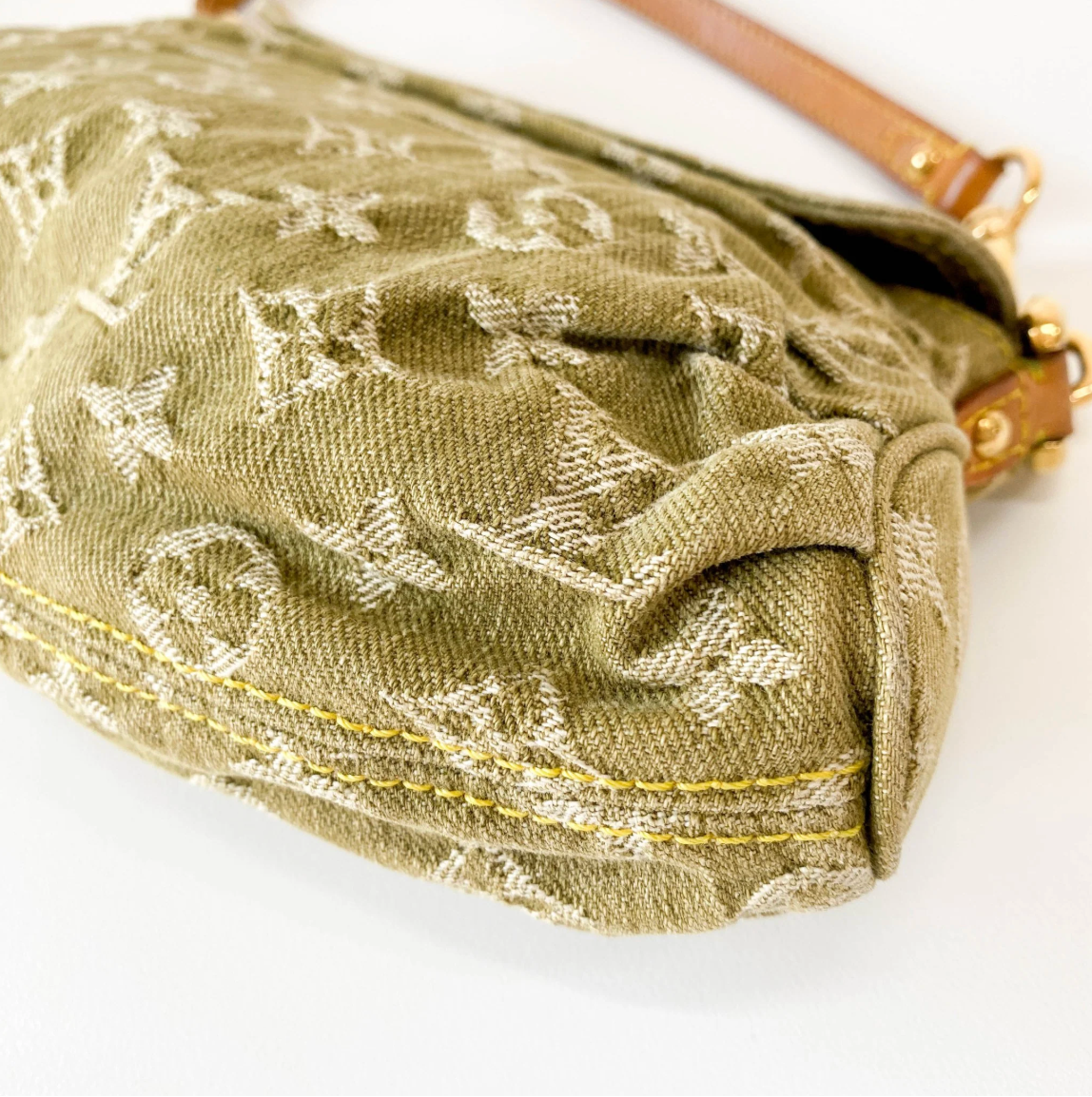 Monogram Denim Pleaty Shoulder Bag in Khaki