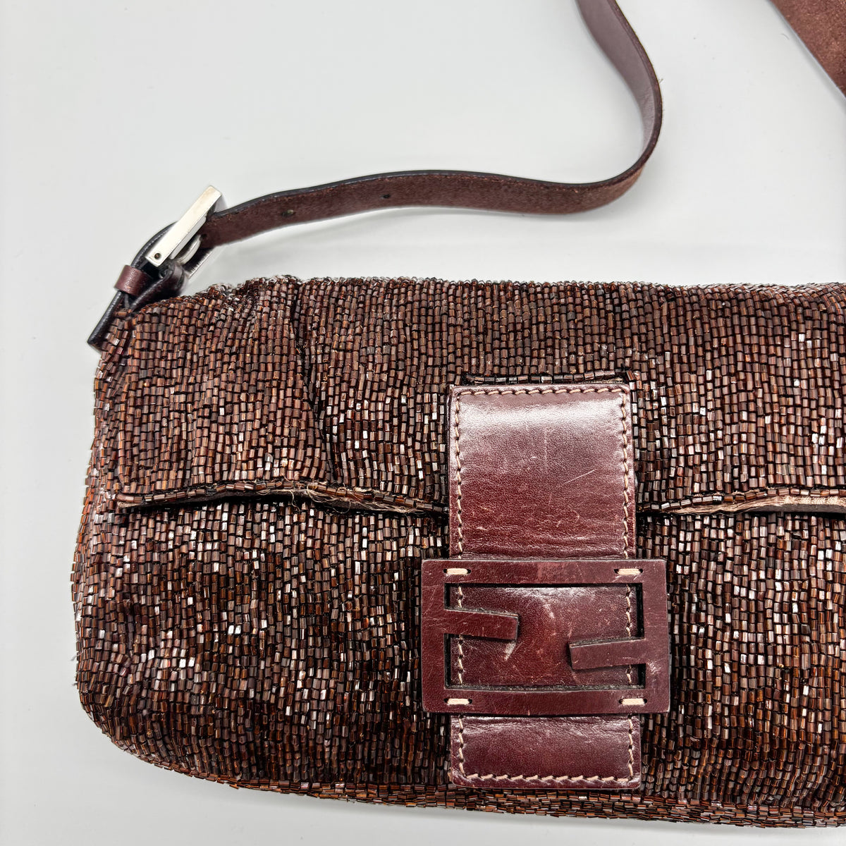 Fendi Chocolate Brown Bugle Beaded Baguette, Early 2000s