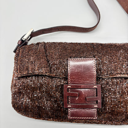 Fendi Chocolate Brown Bugle Beaded Baguette, Early 2000s