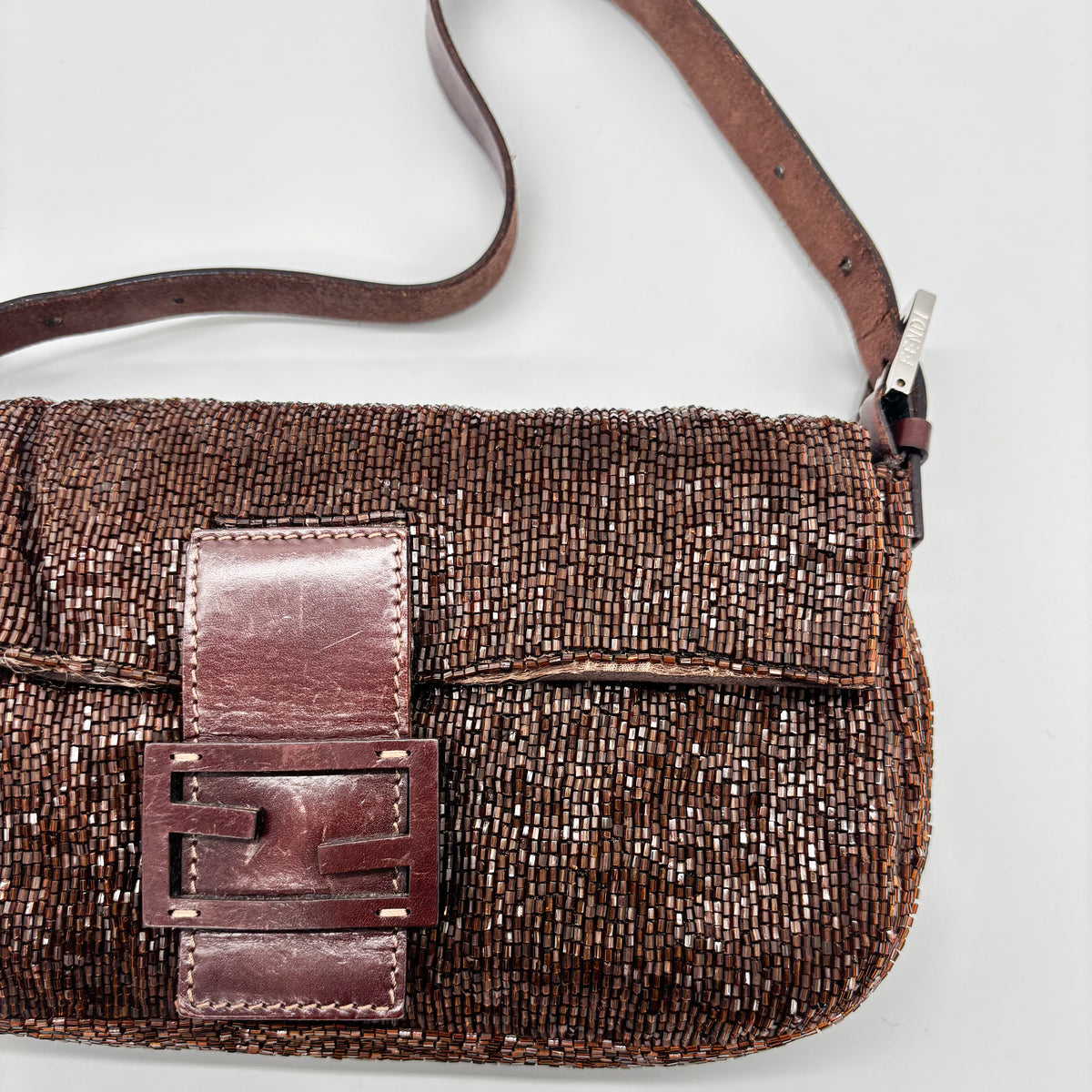 Fendi Chocolate Brown Bugle Beaded Baguette, Early 2000s
