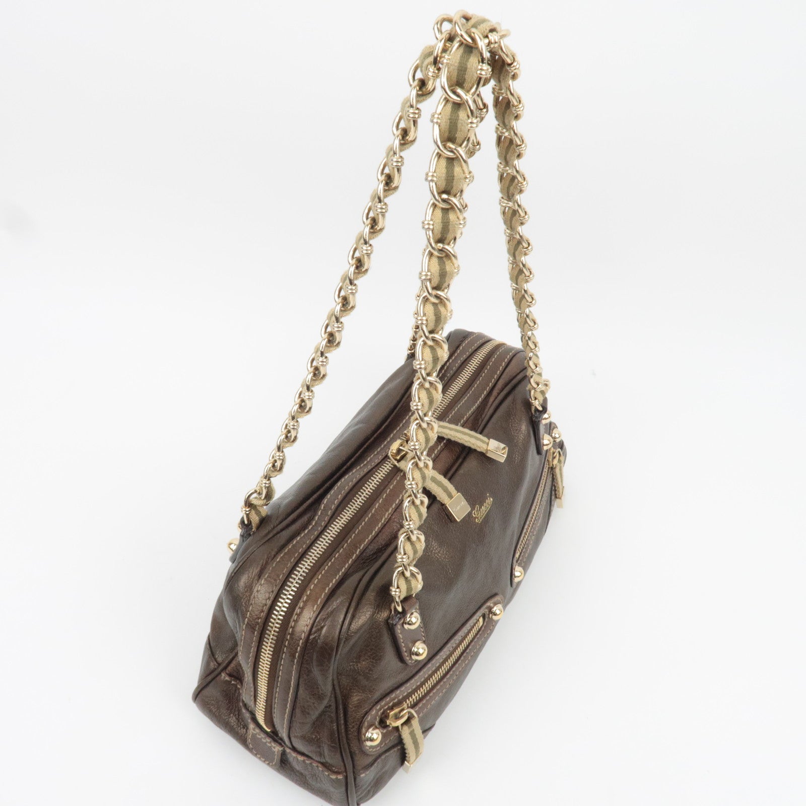 Gucci Metallic Brown Leather Chain Strap Shoulder Bag — Early 2000s