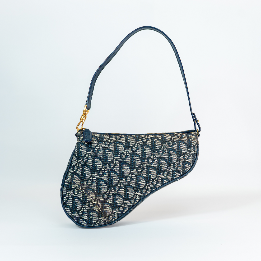 Early 2000s Dior Trotter Canvas Saddle Bag — Navy &amp; Cream, Gold Hardware, Original Dustbag, John Galliano Era