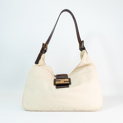 Zucca Canvas Baguette — Cream, Brown Leather Trim