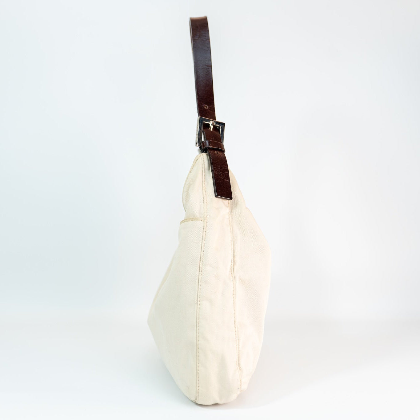 Zucca Canvas Baguette — Cream, Brown Leather Trim