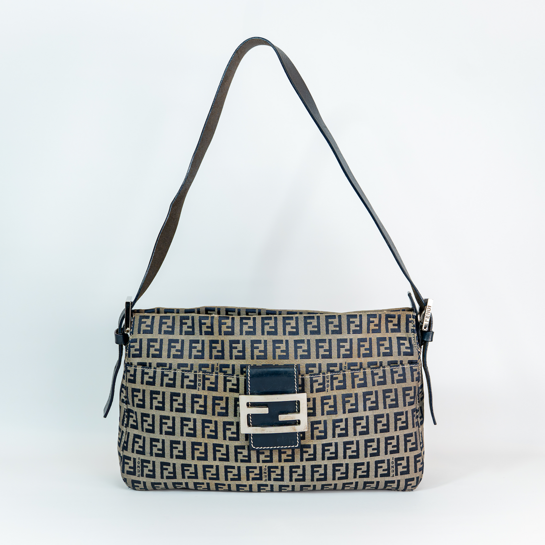 Early 2000s Fendi Zucchino Mamma Baguette — Navy Canvas, Navy Satin Interior