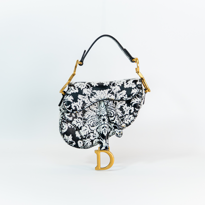 Dior Saddle Micro Bag — Black Ornamental Embroidered Calfskin, Gold Hardware, Full Original Packaging