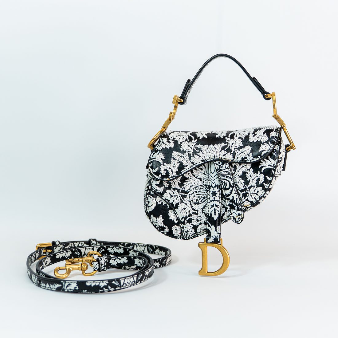 Dior Saddle Micro Bag — Black Ornamental Embroidered Calfskin, Gold Hardware, Full Original Packaging