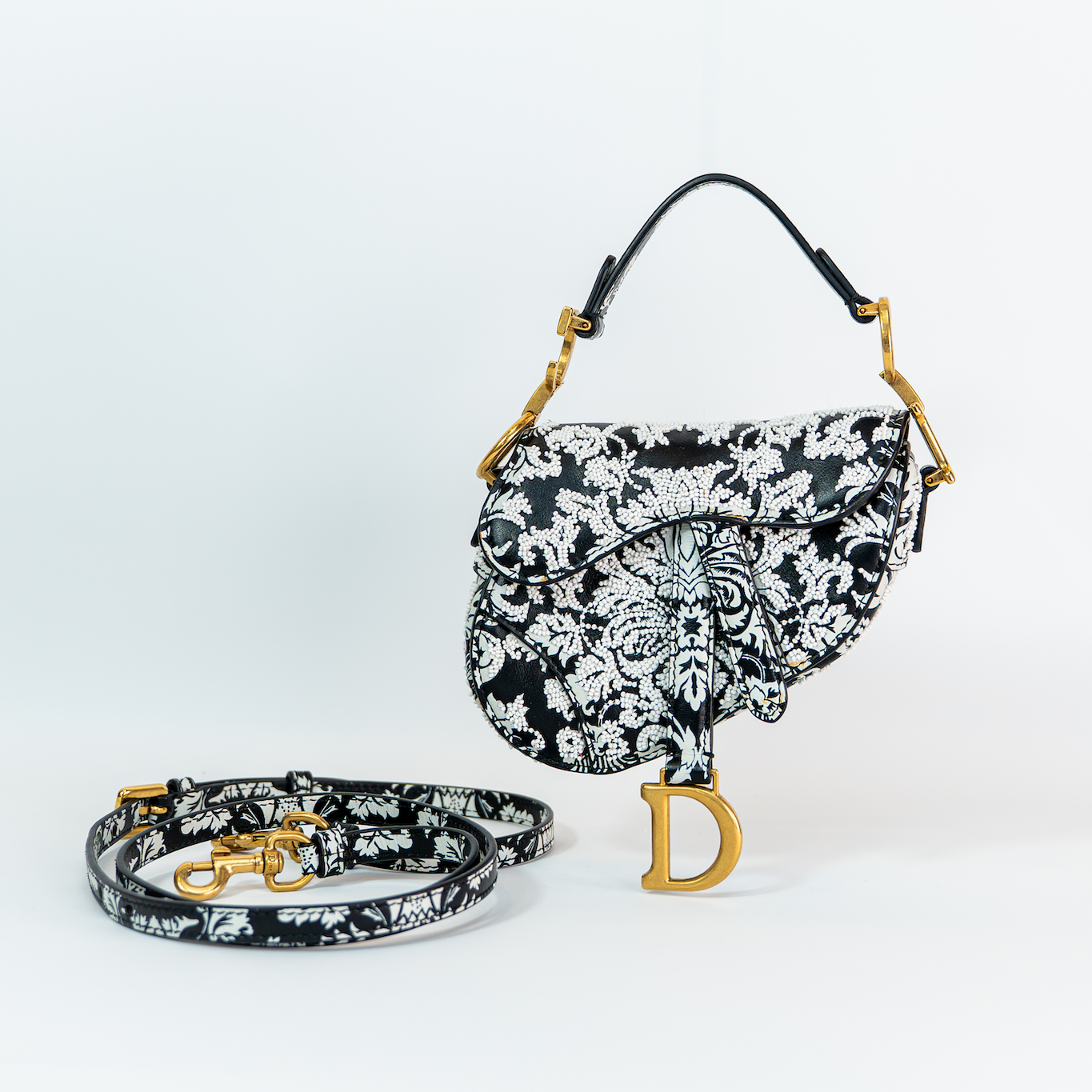 Dior Saddle Micro Bag — Black Ornamental Embroidered Calfskin, Gold Hardware, Full Original Packaging