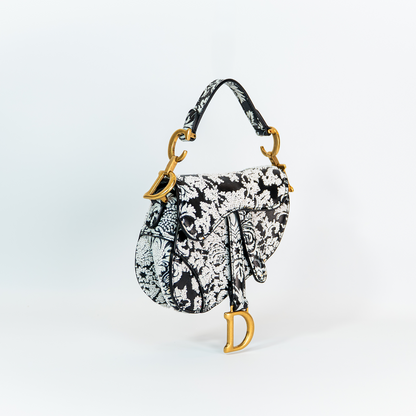 Dior Saddle Micro Bag — Black Ornamental Embroidered Calfskin, Gold Hardware, Full Original Packaging